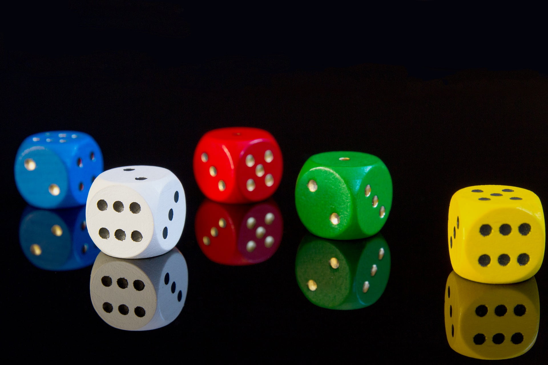 five assorted-color dices, Macro, Red, Green, Cubes, Background