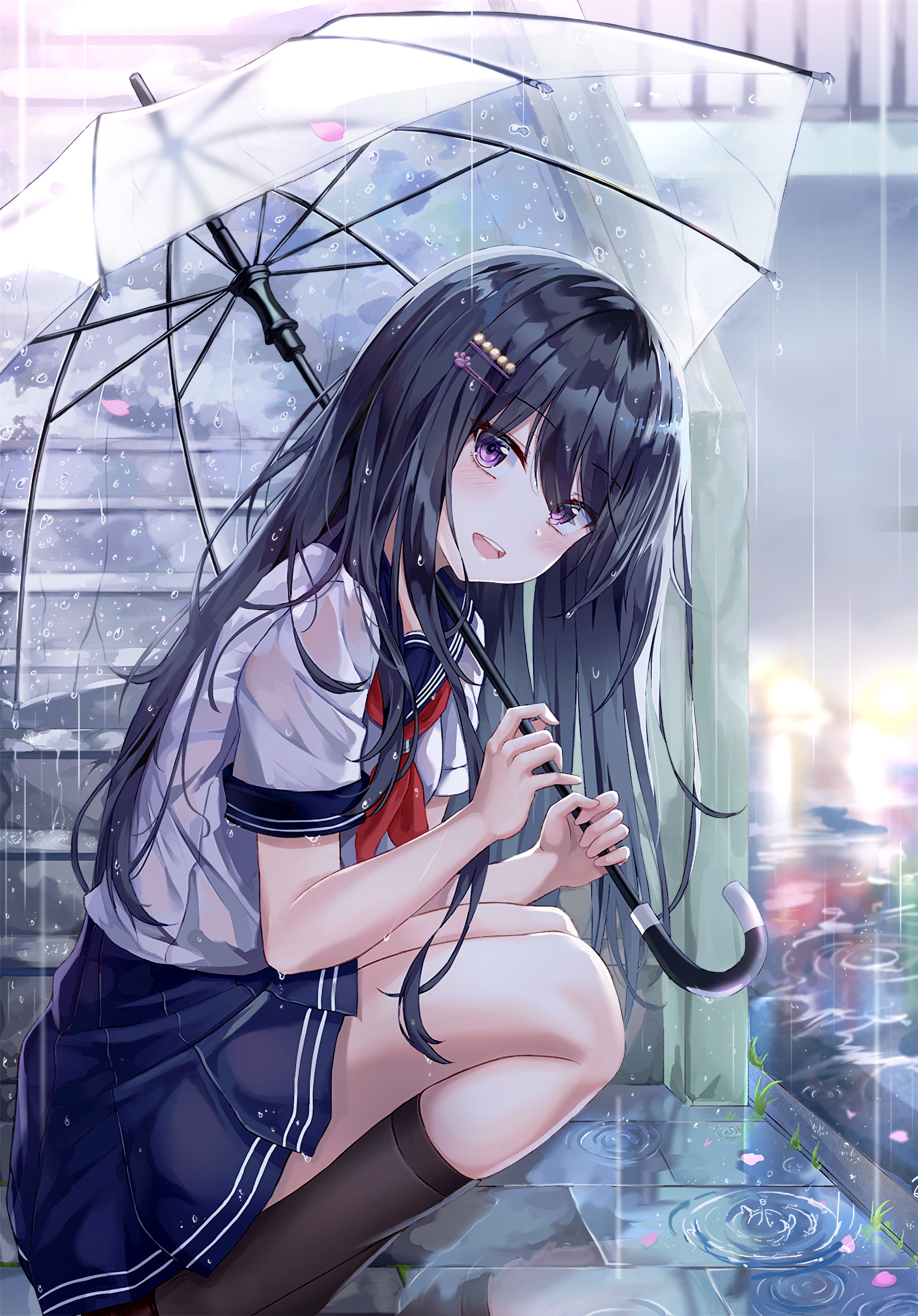 anime, anime girls, schoolgirl, school uniform, rain, socks