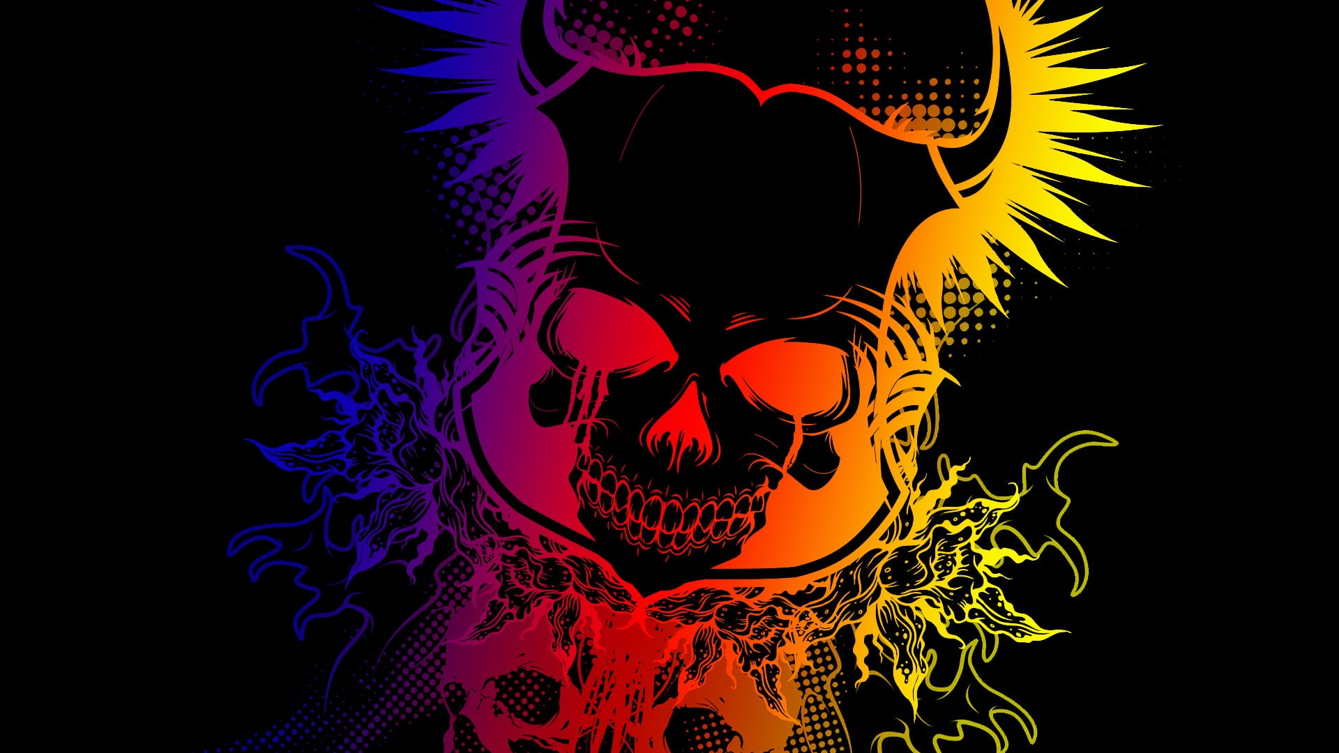 skull, colorful, gradient, black, dark, Devil, pattern, black background
