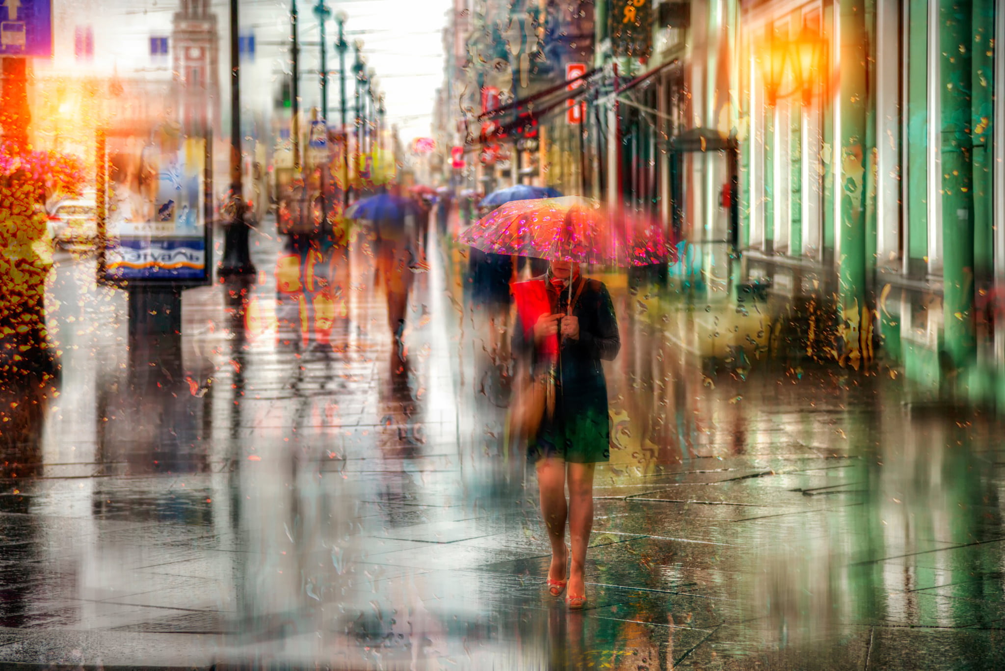 pink and multicolored umbrella, girl, drops, rain, Saint Petersburg