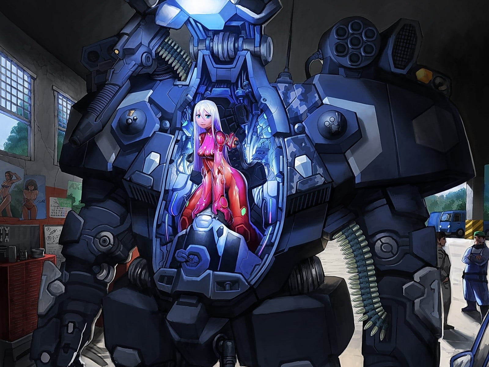 female character riding on robot anime digital wallpaper, anime girls