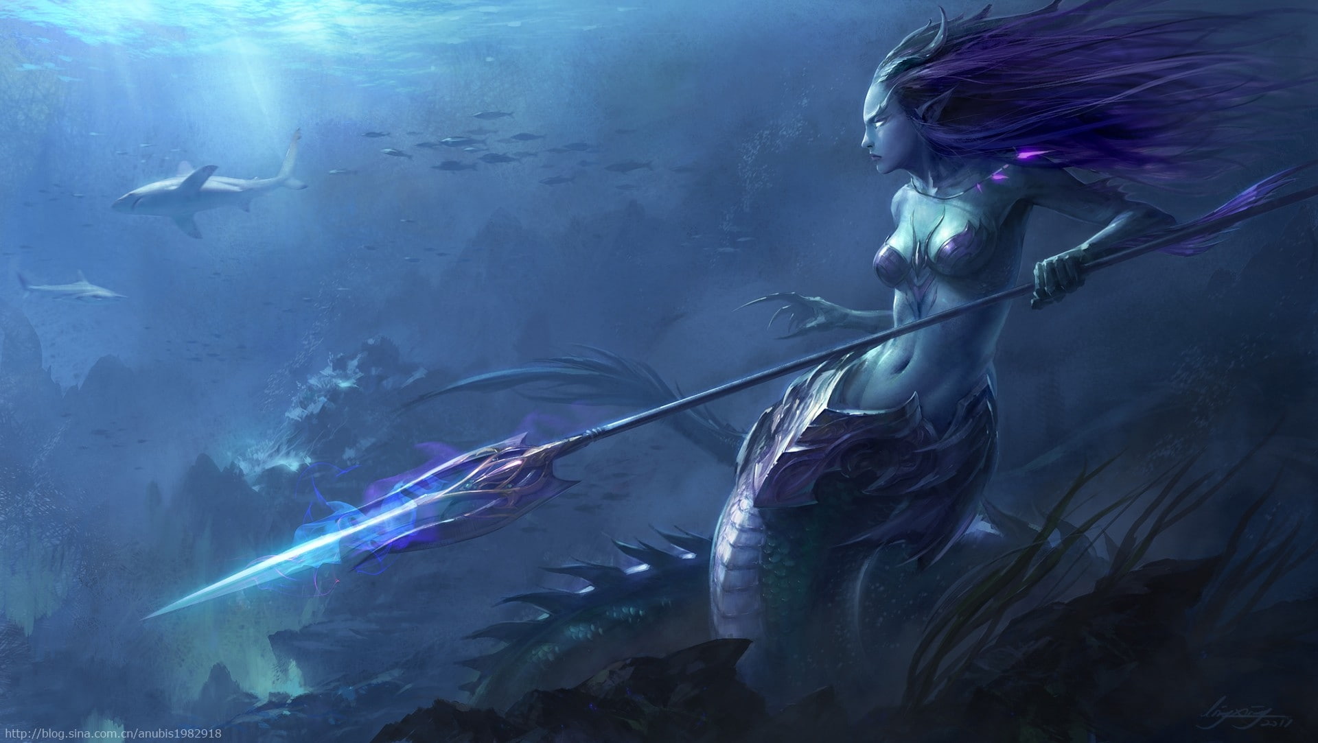 mermaid fish horns fantasy art purple hair sharks artwork anubis long ears underwater weapon 1920 Abstract Fantasy HD Art