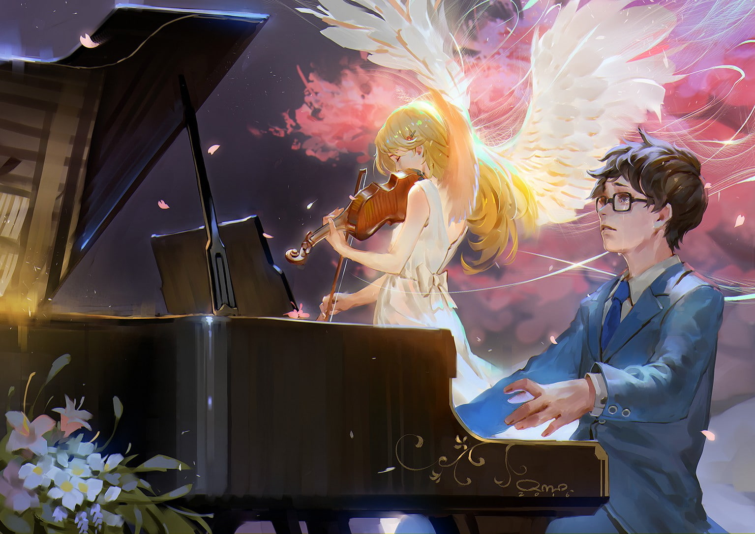 wings, violin, piano, anime, Shigatsu wa Kimi no Uso, Arima Kousei