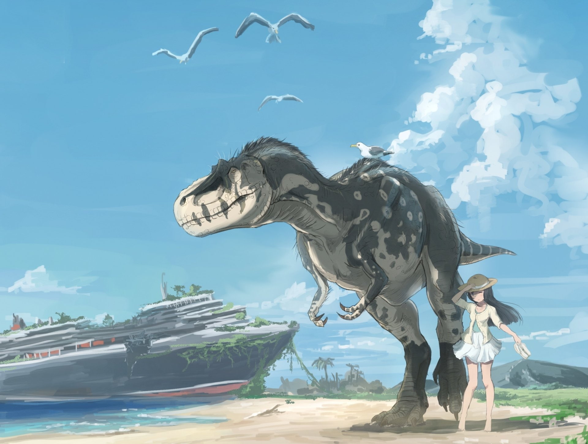 Anime, Original, Beach, Cruise Ship, Dinosaur, Girl, Tyrannosaurus Rex
