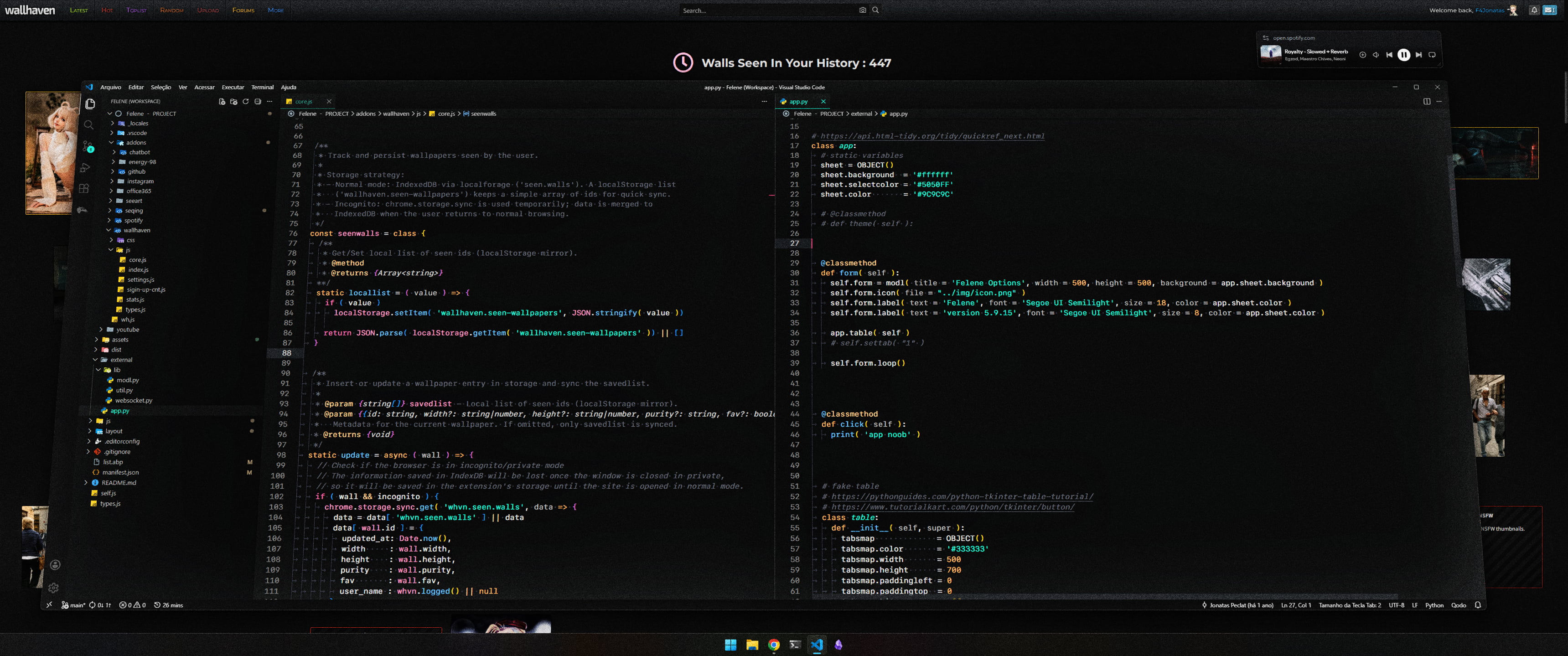 Microsoft Visual Studio, Wallhaven, code, JavaScript, python