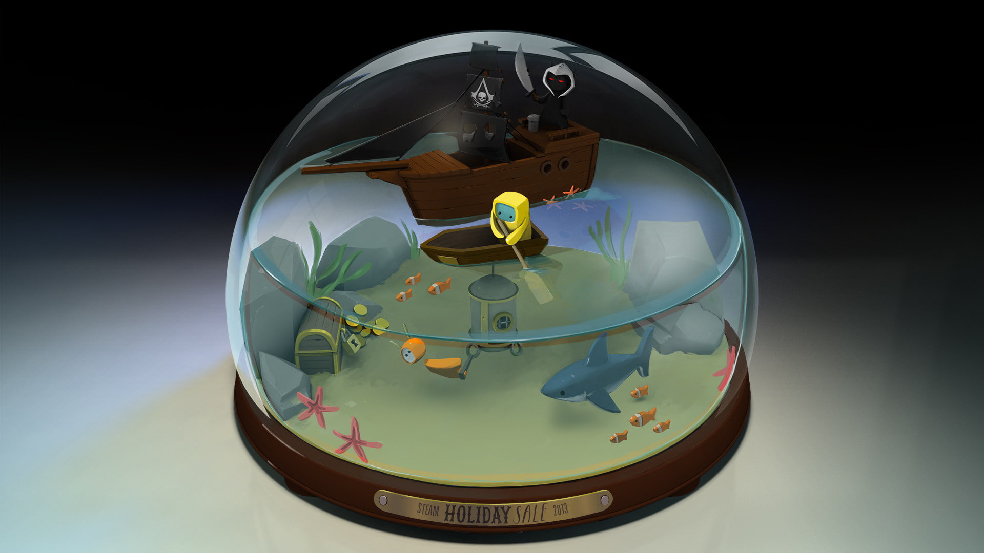 Steam Snow Globe Assassin's Creed Black Flag Pirate Ship Shark Underwater Treasure HD, brown wooden framed water globe
