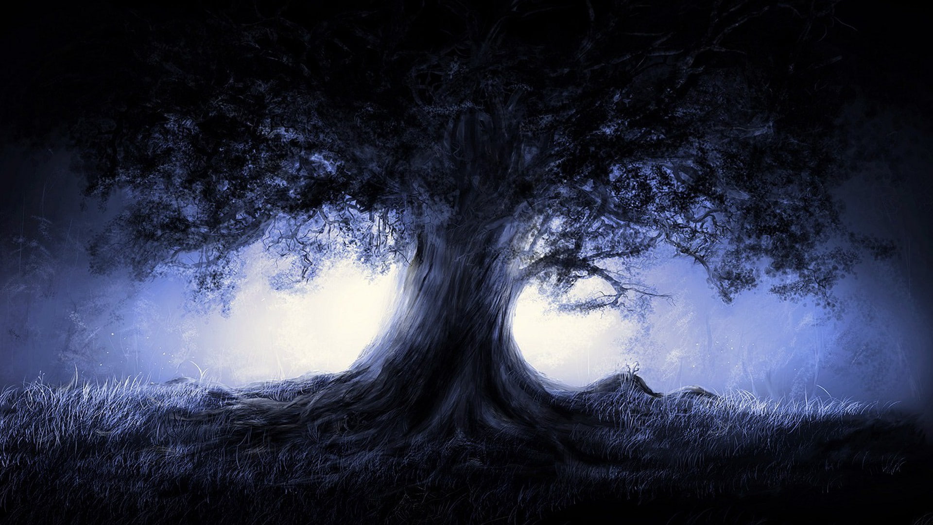 fantasy blue nature trees dark night artwork 1920x1080  Abstract Fantasy HD Art