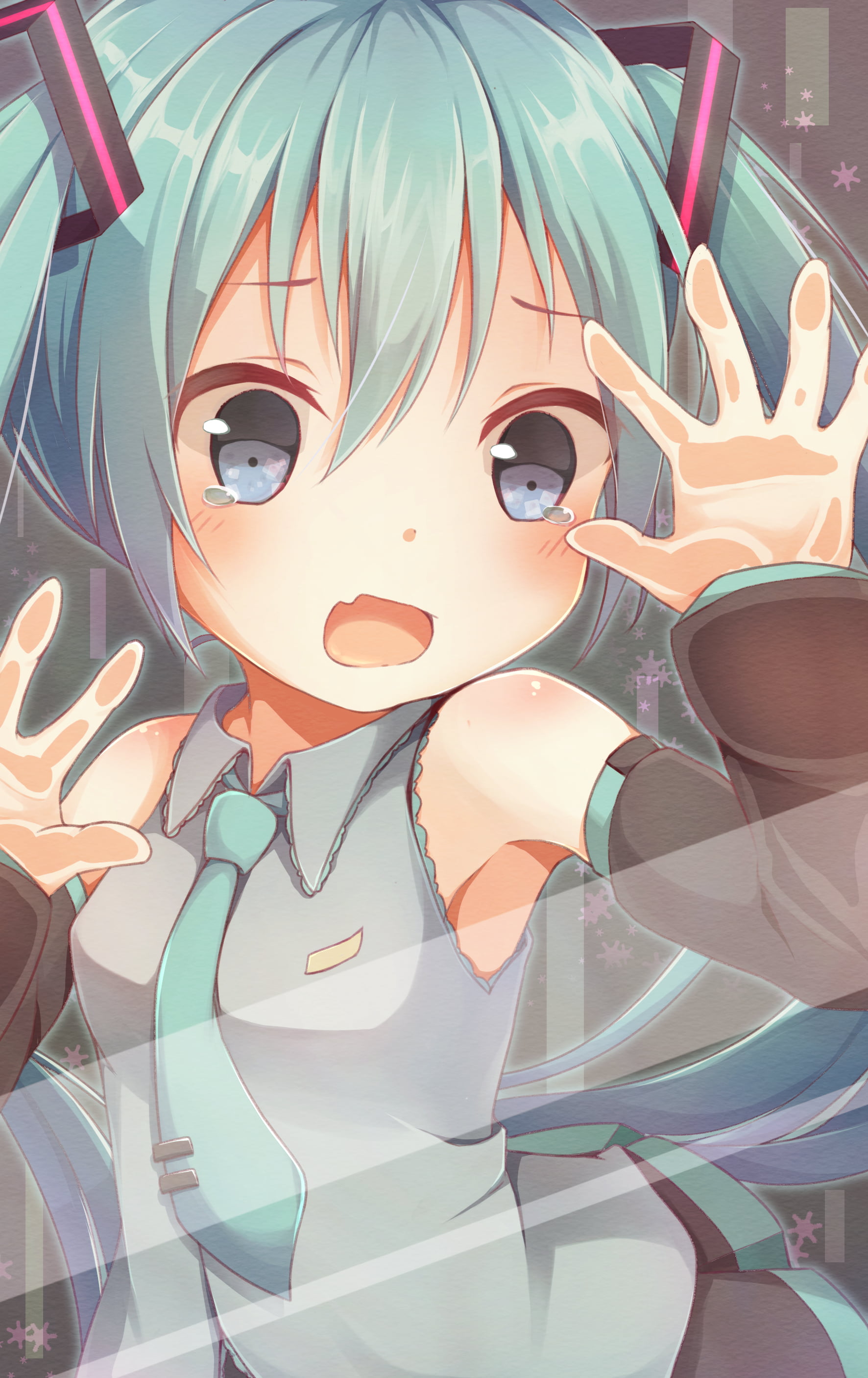 open mouth, behind the glass, Vocaloid, pigtails, blue eyes