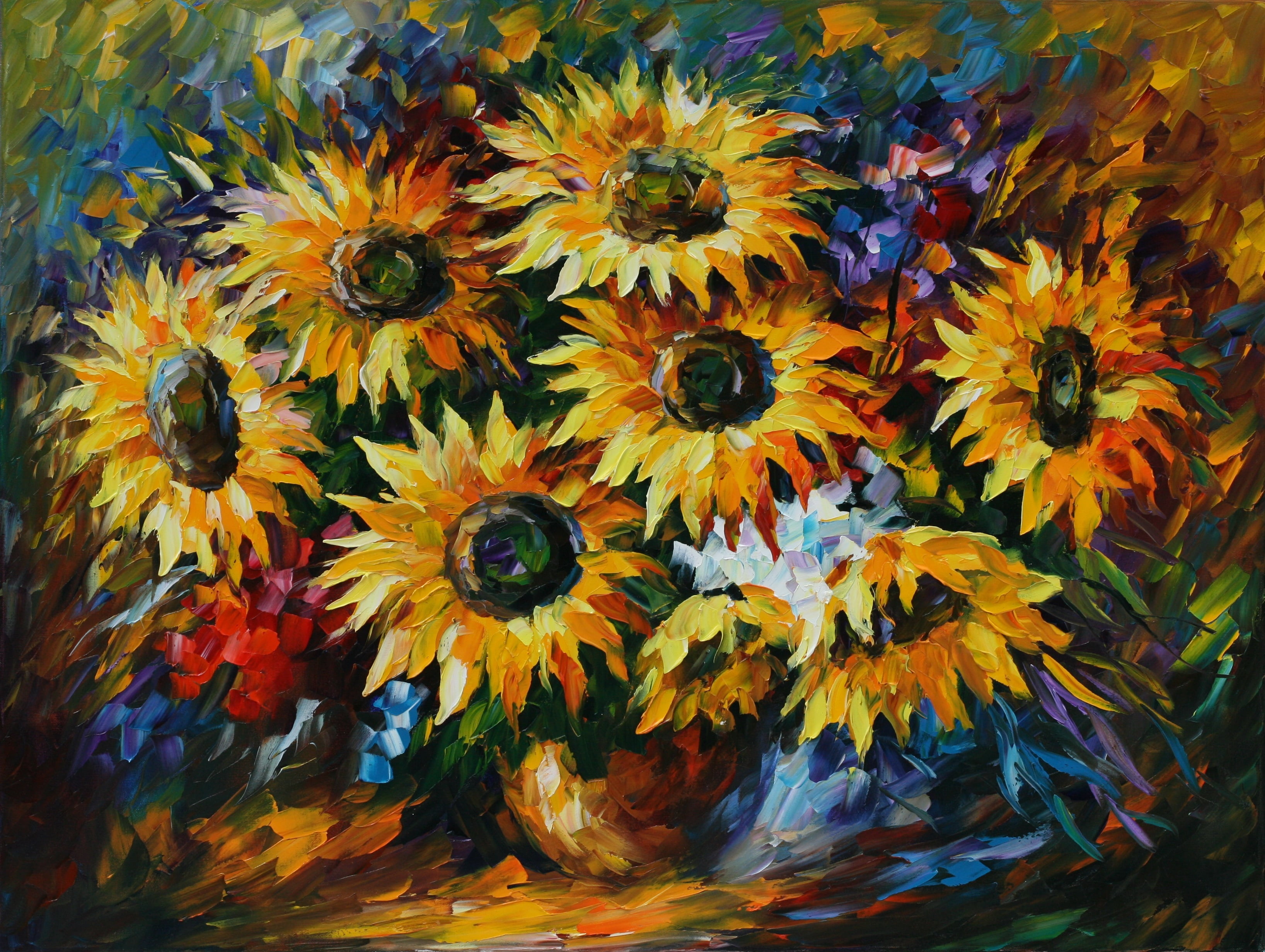yellow sunflowers still life painting, Leonid Afremov, backgrounds