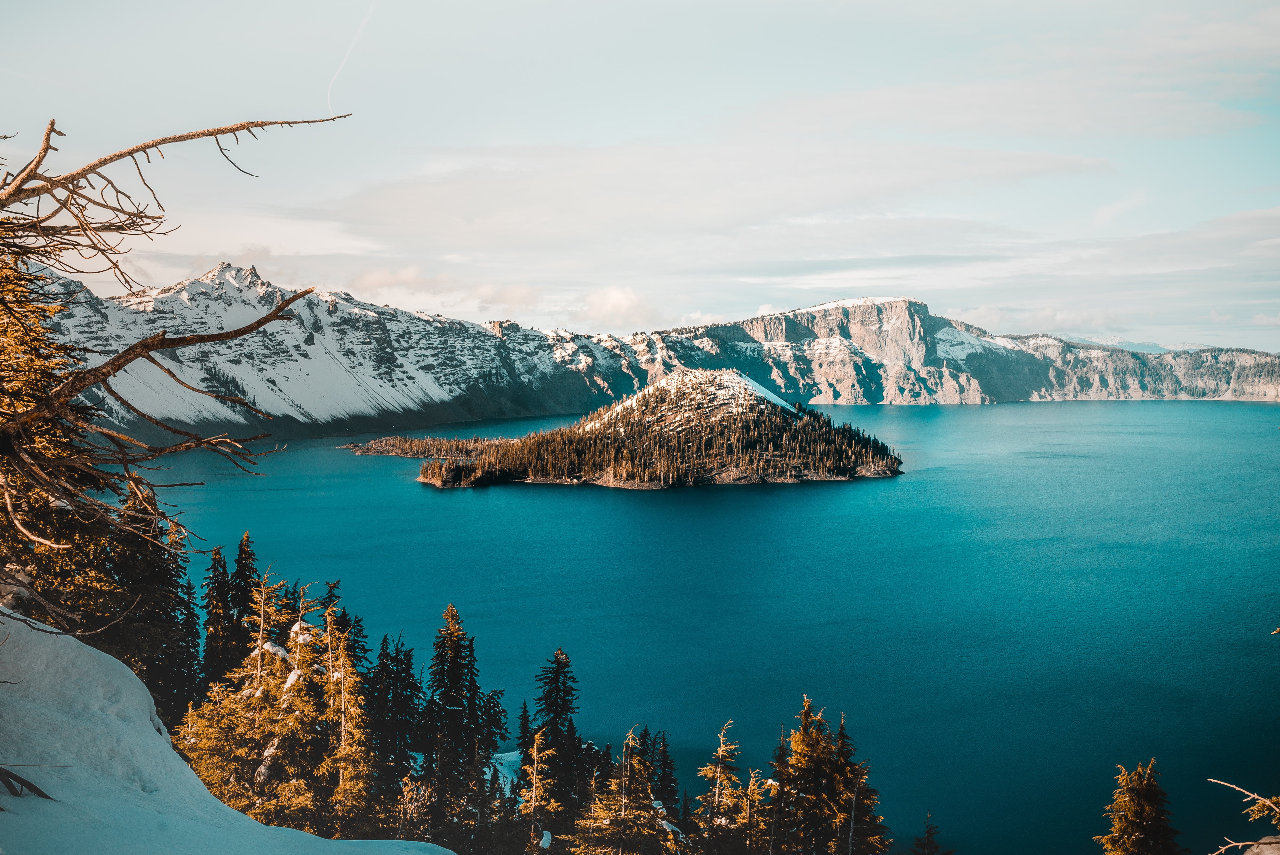 body of water and snow covered mountains, landscape, nature, crater lake