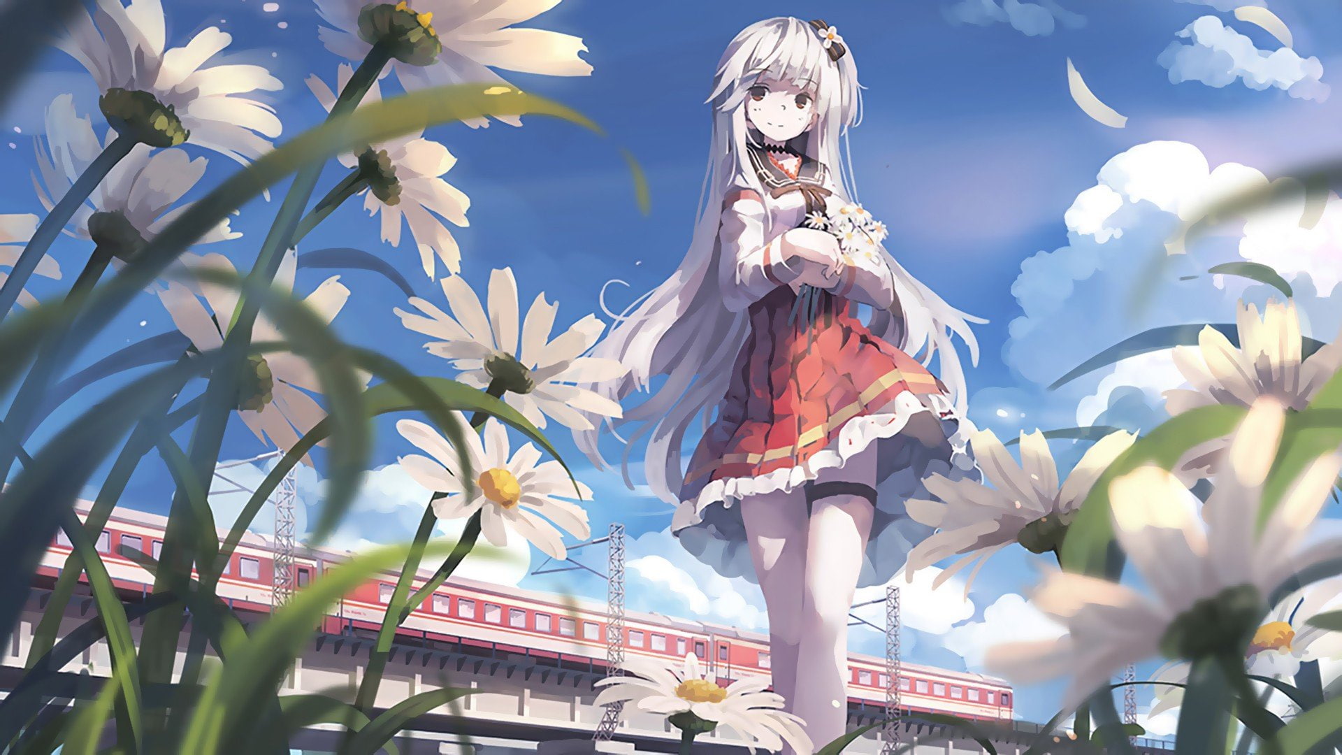 1920x1080 px anime Anime Girls blossoms Clear Sky clouds landscape Long Hair smiling Train White Hai Aircraft Commercial HD Art