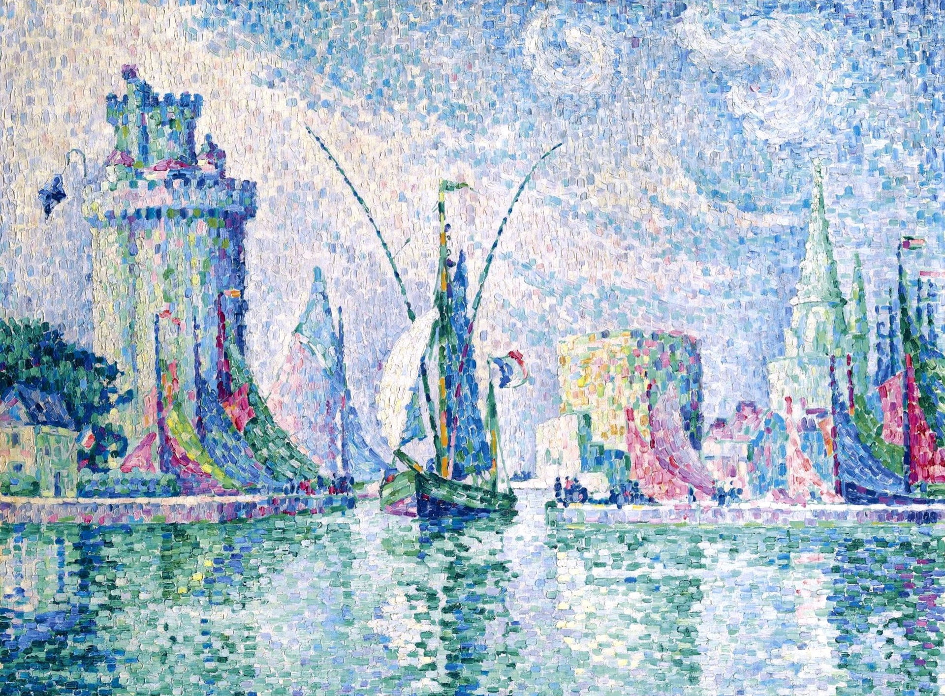 landscape, boat, picture, sail, Paul Signac, pointillism, La Rochelle. Green Tower