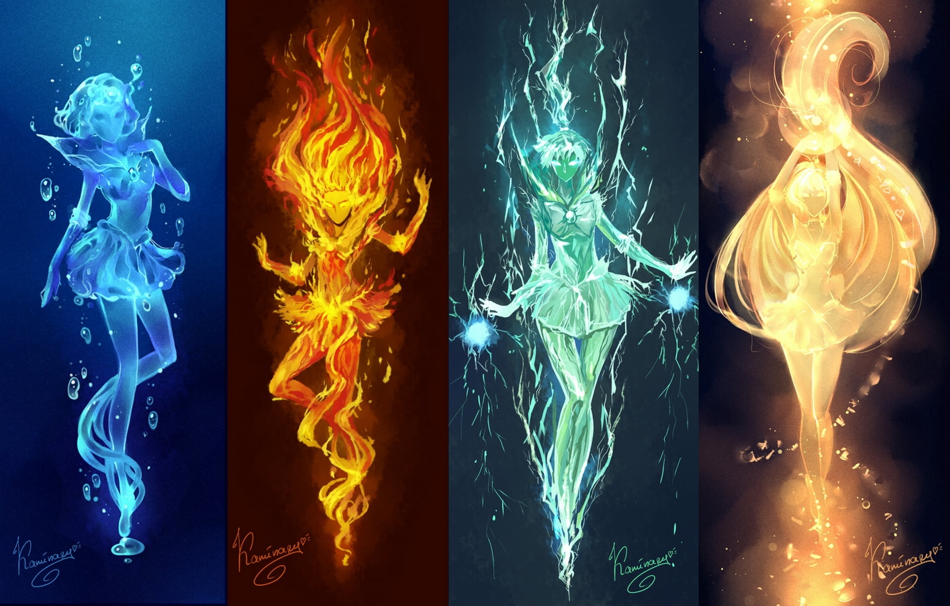 water, fire, earth, and air elements illustration, light, girls