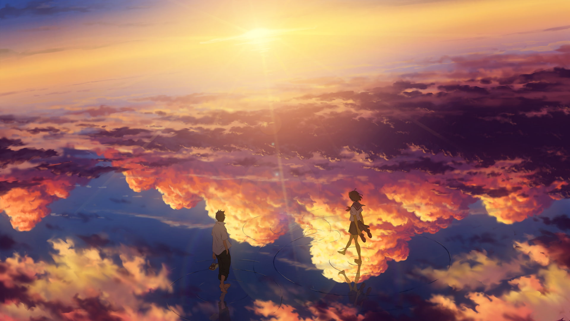 anime landscape, beyond the clouds, sunset, anime girl and boy