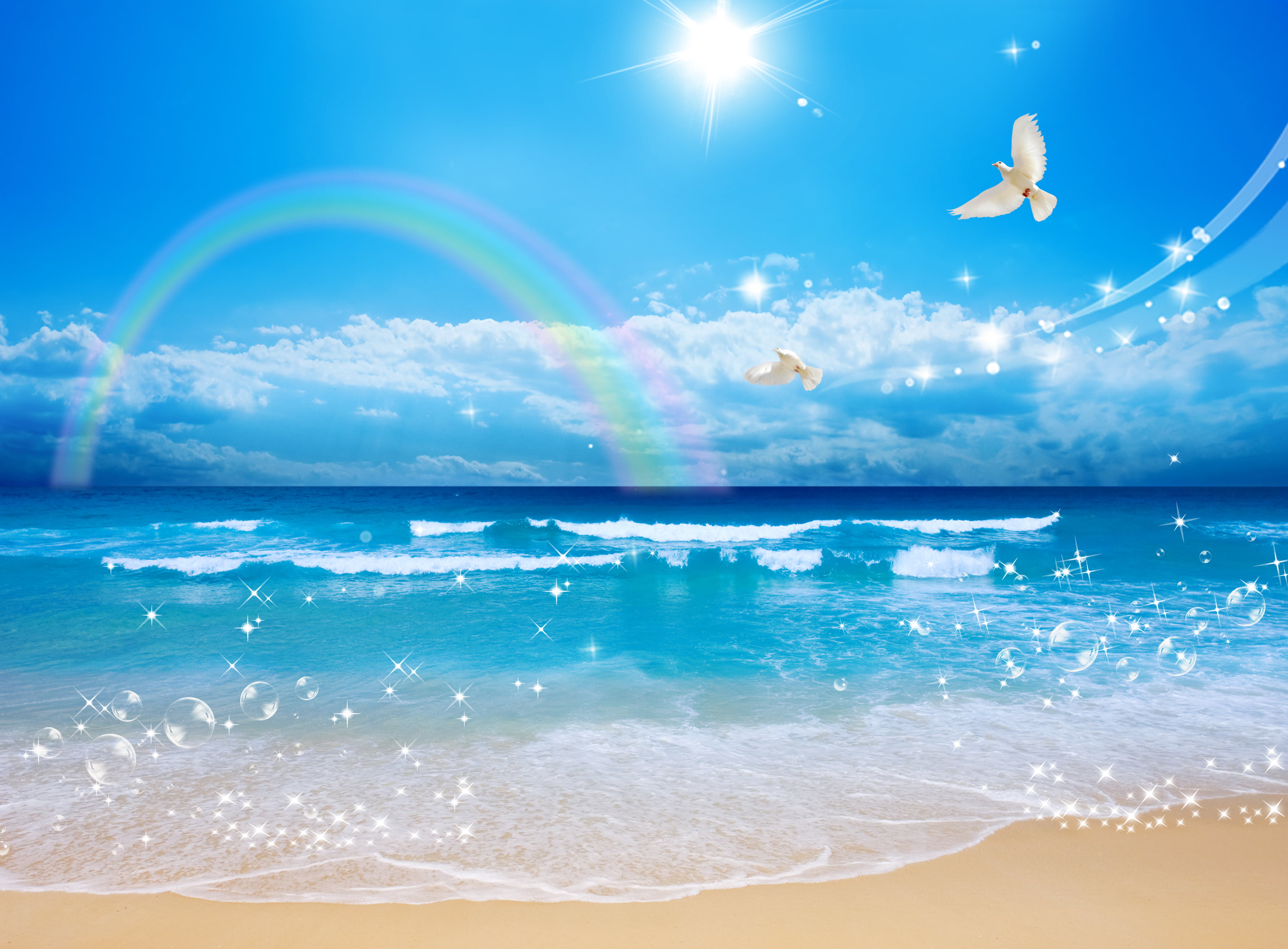 white birds and rainbow on ocean illustration, sand, sea, wave