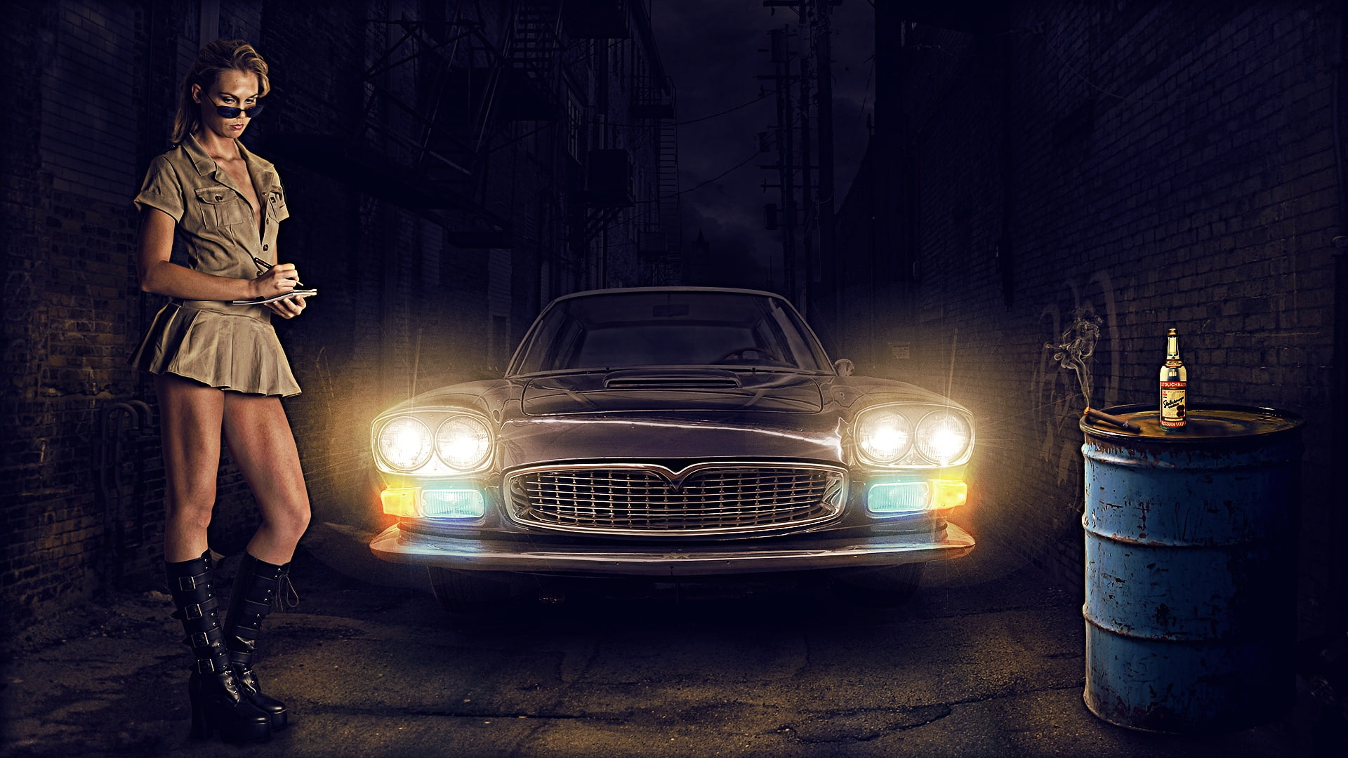 machine, girl, lights