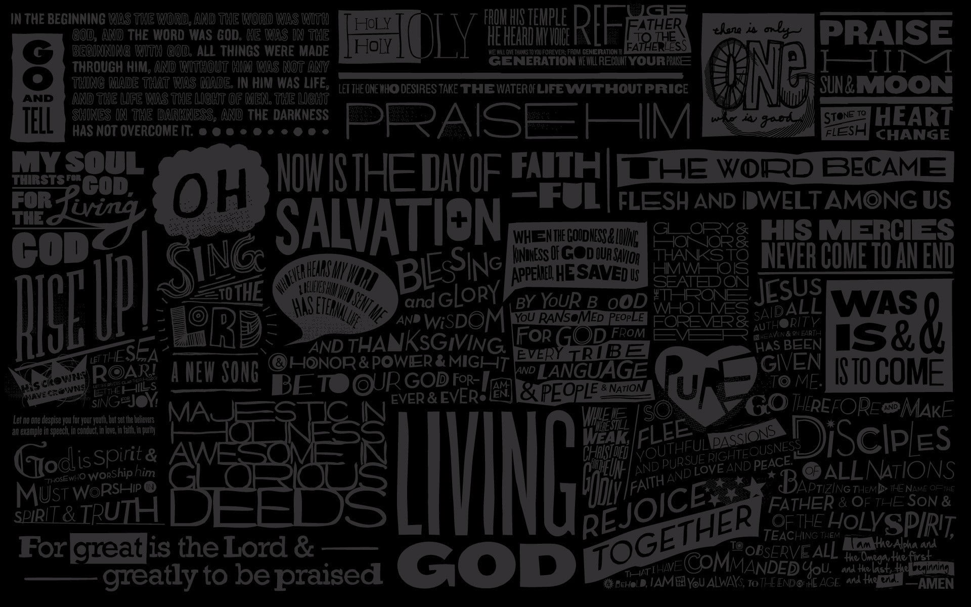 living god text on black background, typography, religion, word clouds