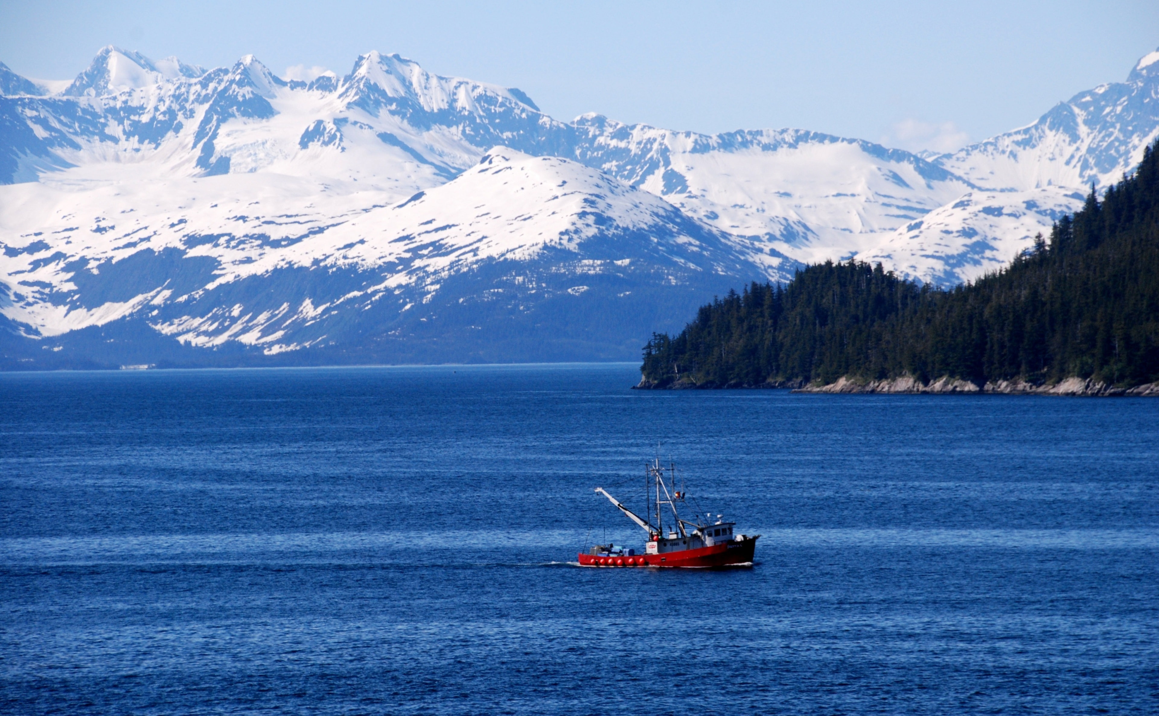 Fishing Boat, Alaska, United States, Blue, Mountains, Snowy, Waters