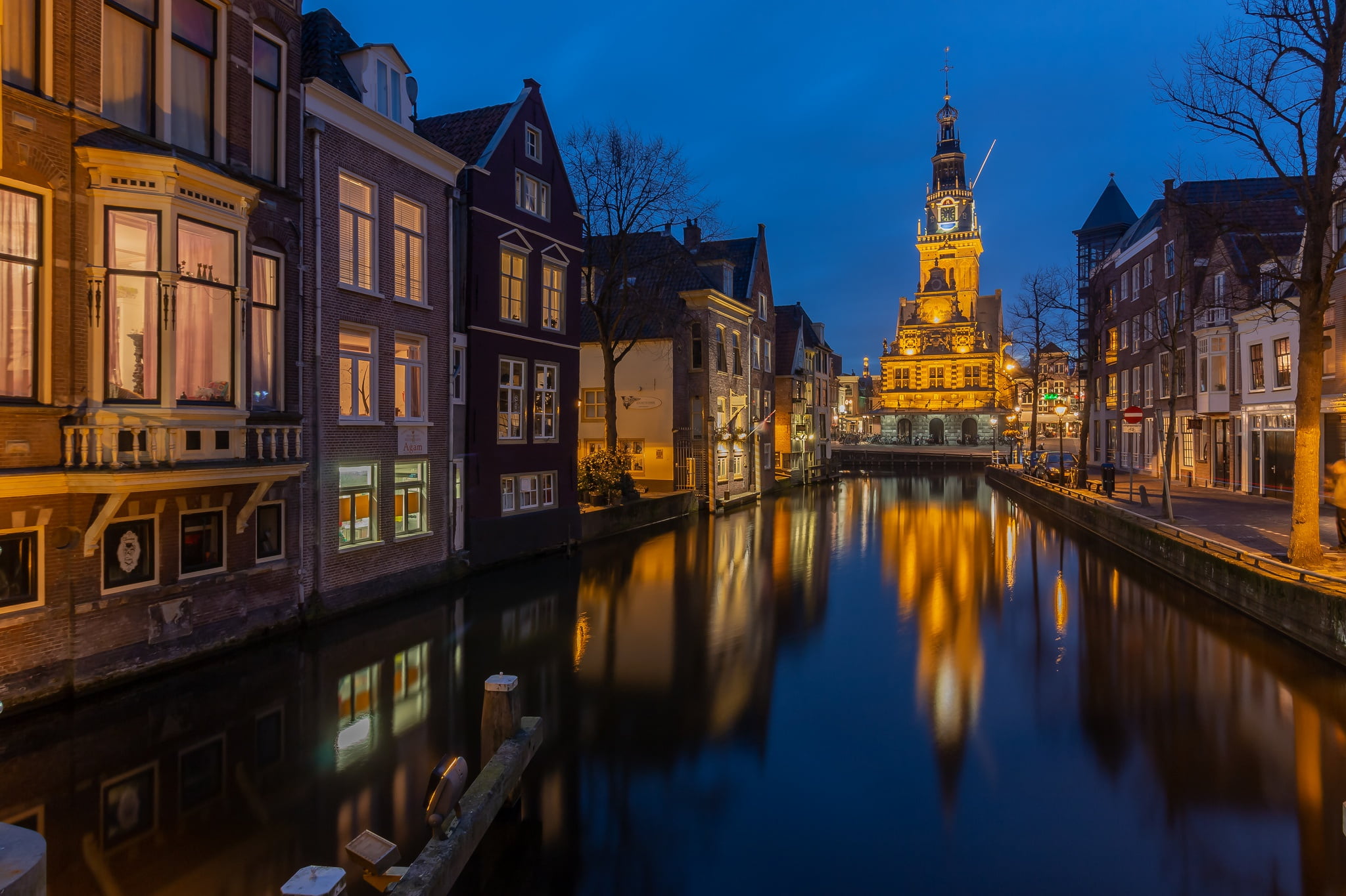 lights, the evening, channel, Netherlands, Holland, Alkmaar