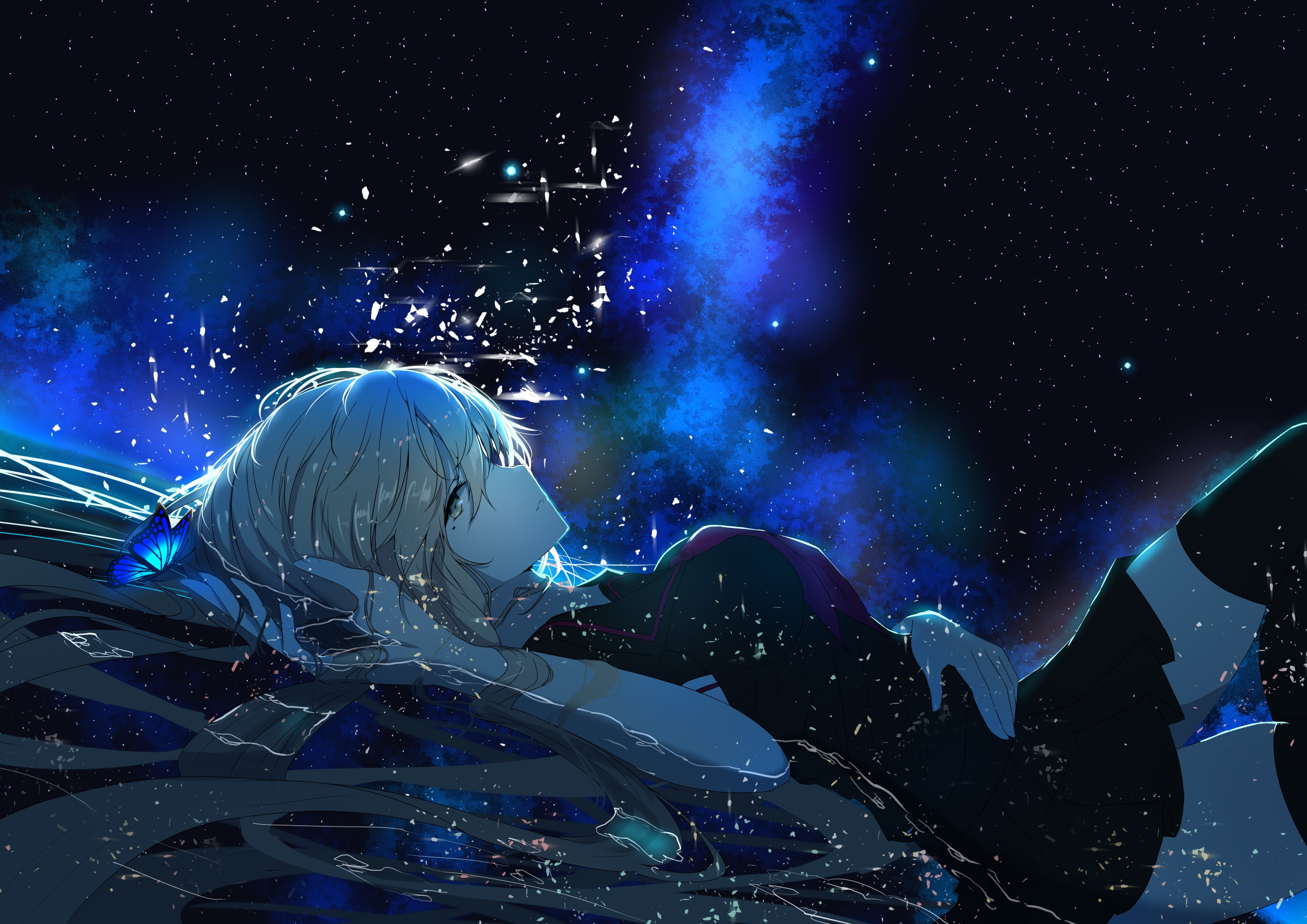 anime girl, lying down, butterfly, profile view, stars, night