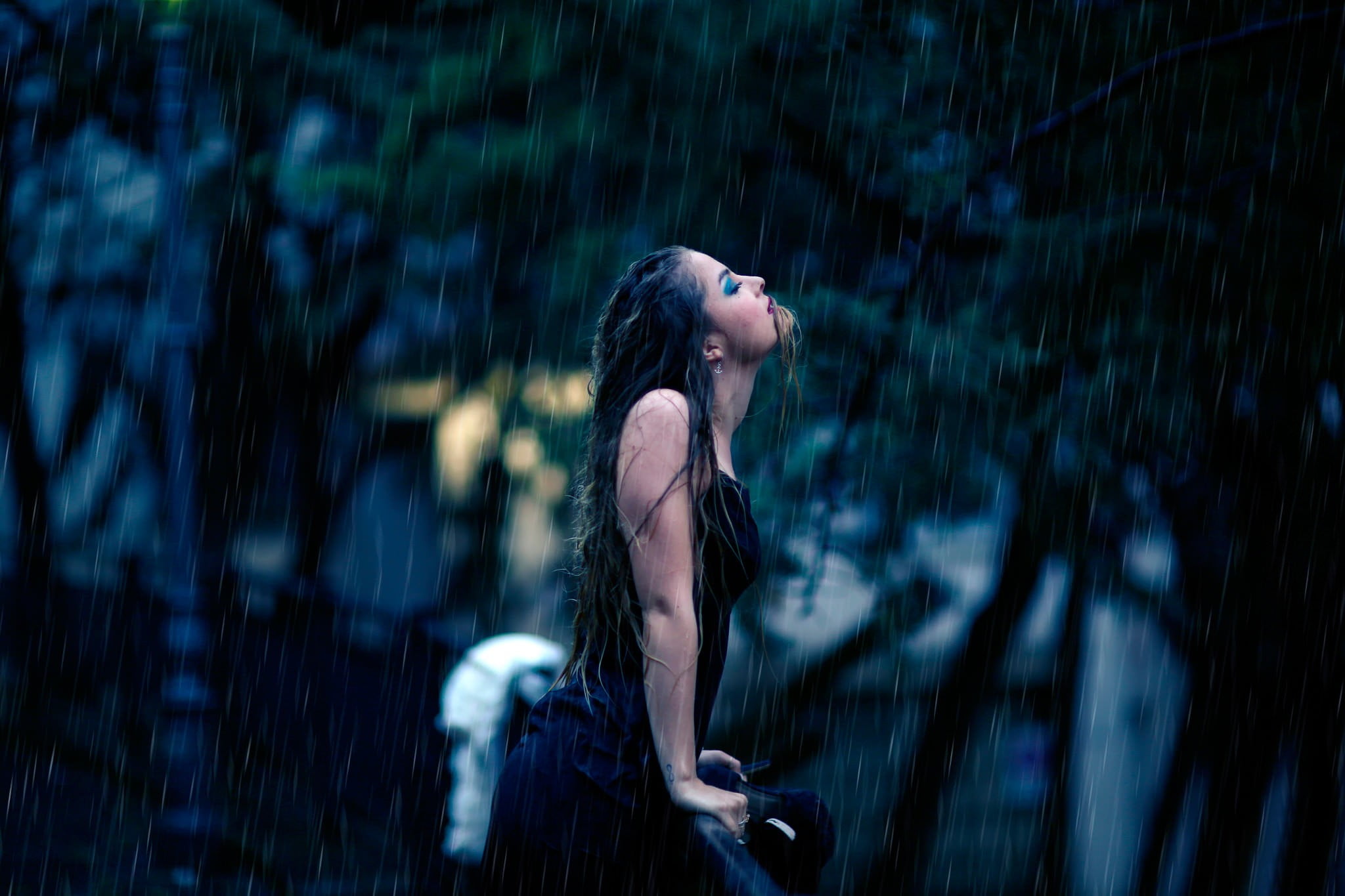 women's black tank dress, model, wet body, rain, hair, young adult
