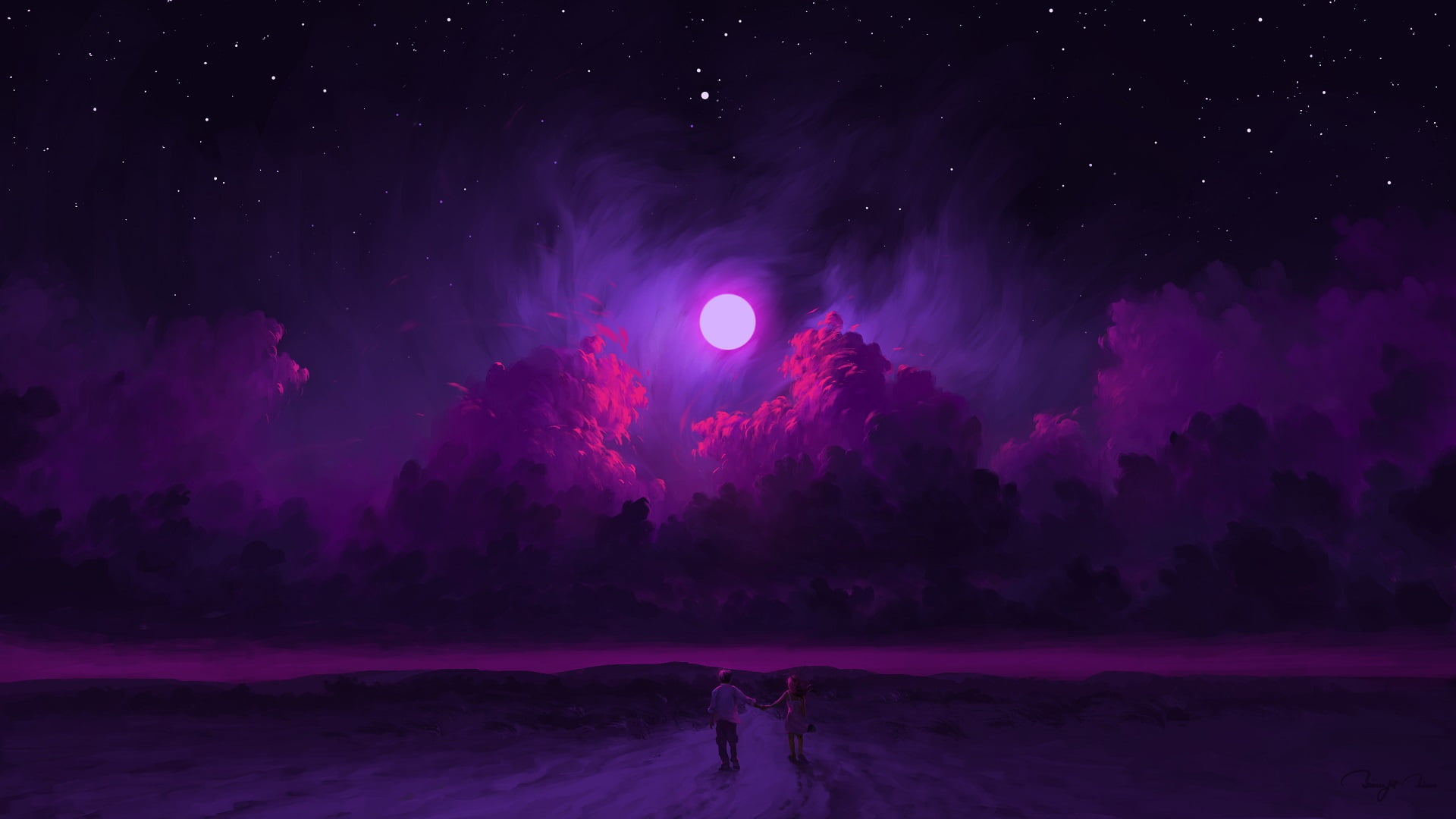 digital painting, artwork, night, sky, Moon, clouds, couple
