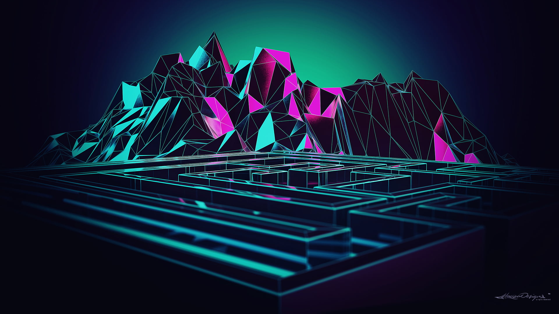 green and pink mountain illustration, Lacza, digital art, mazes