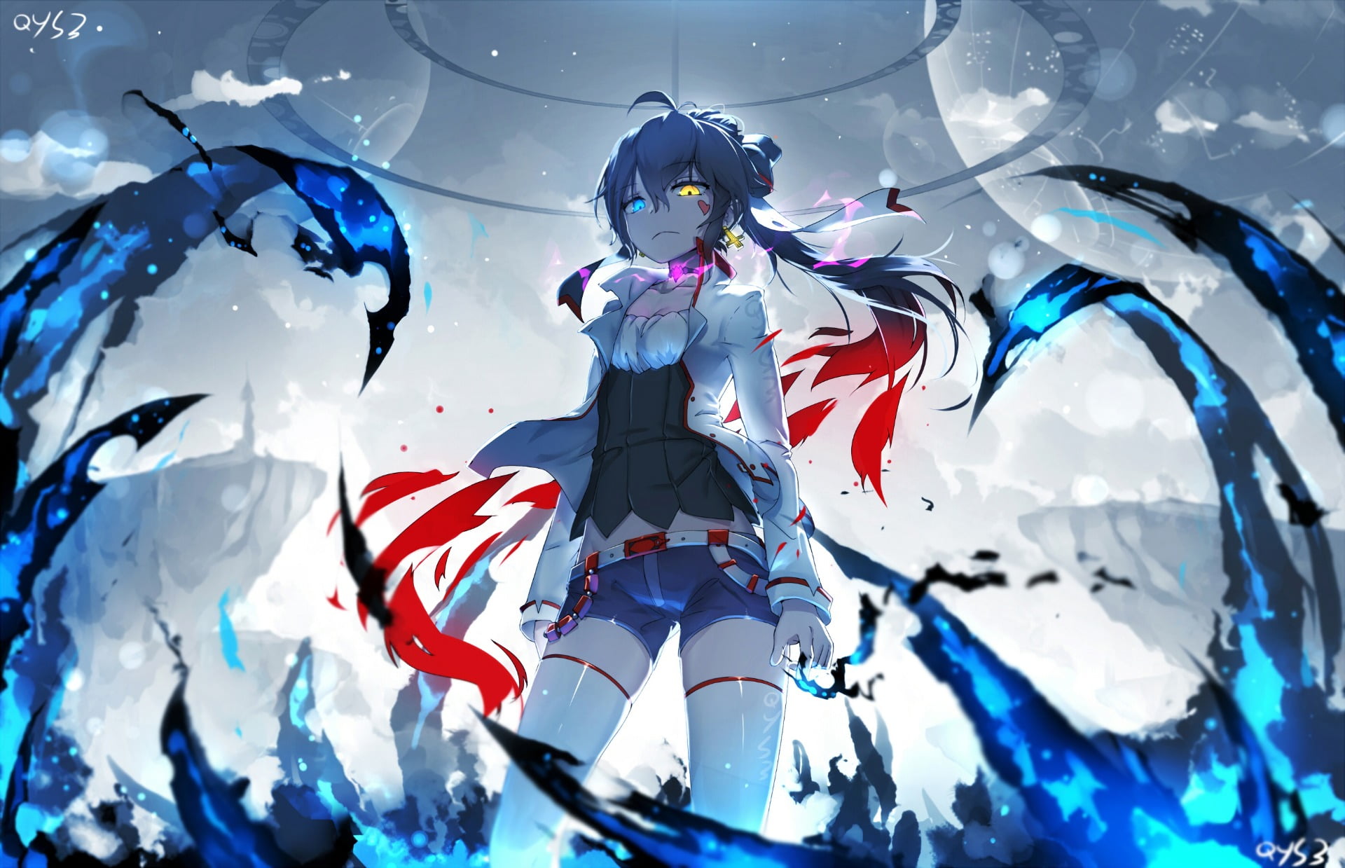 female anime character digital wallpaper, artwork, heterochromia