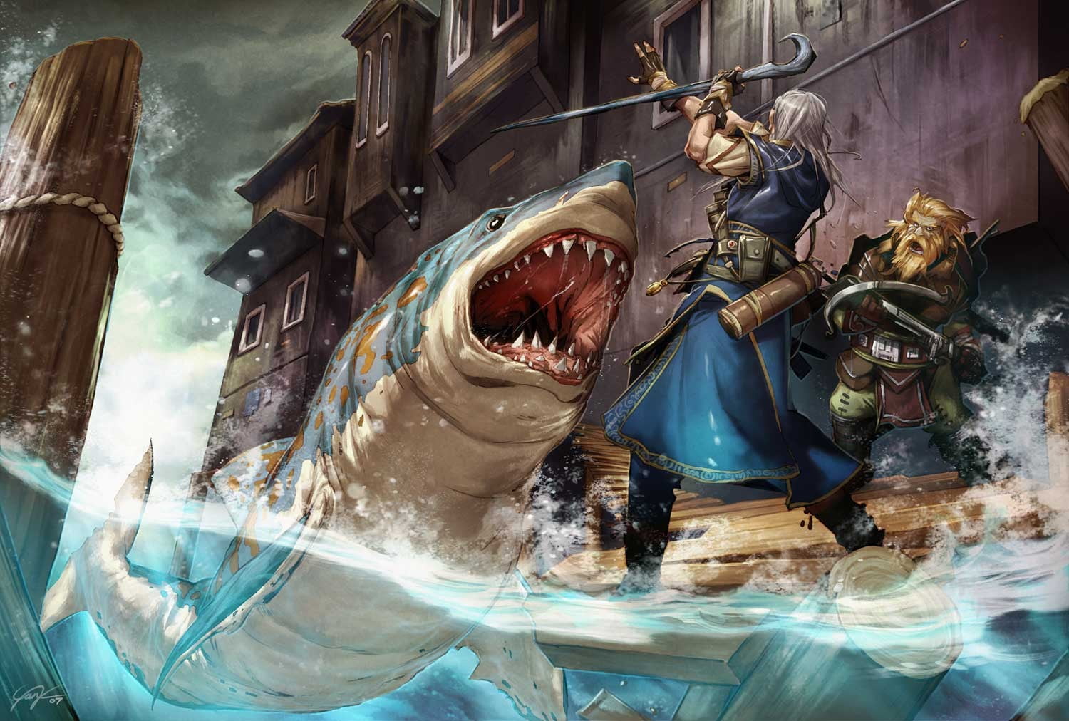 man fighting shark digital wallpaper, artwork, warrior, water
