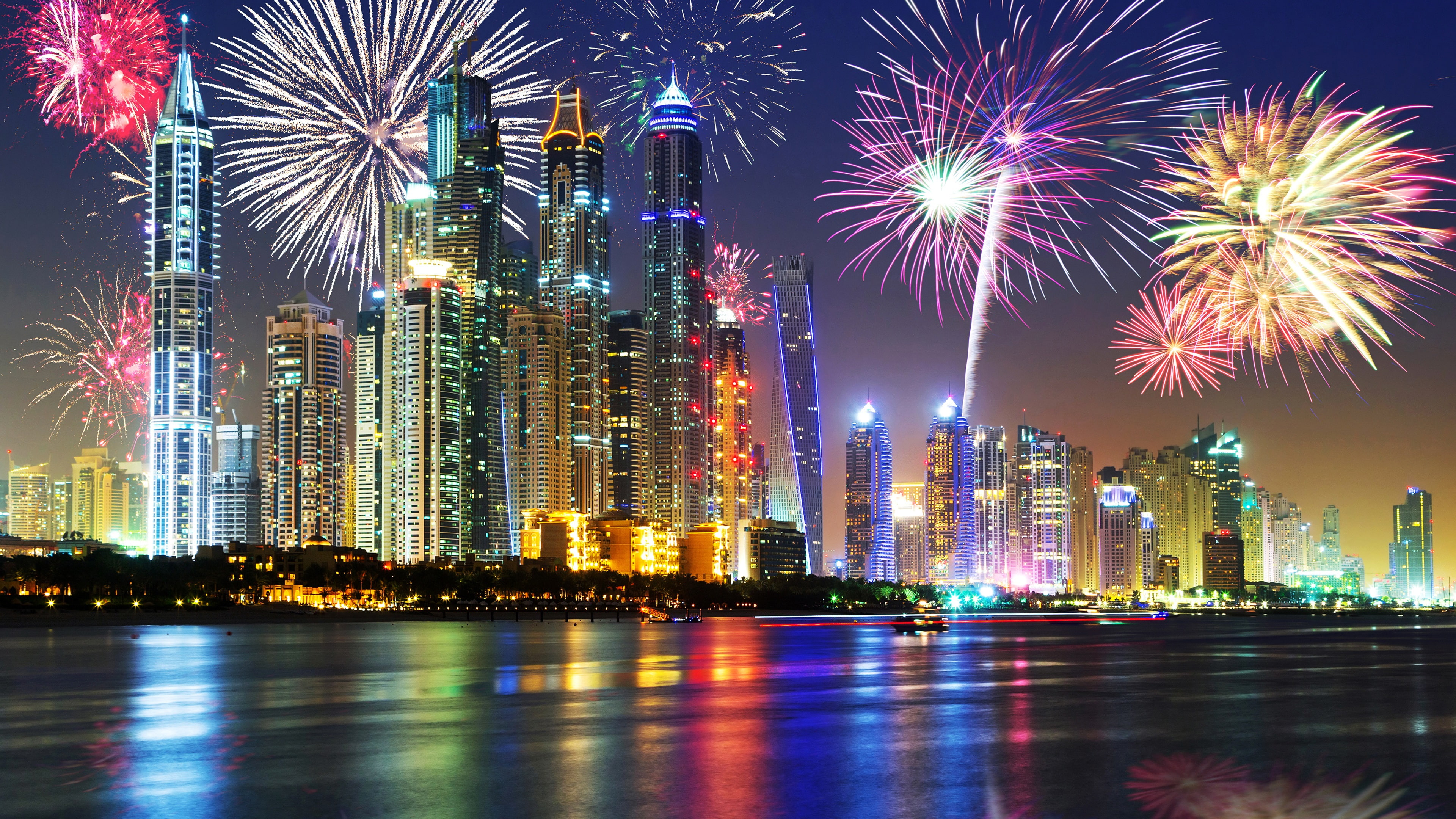 UAE, Dubai, beautiful night, waterfront, skyscrapers, lights, fireworks