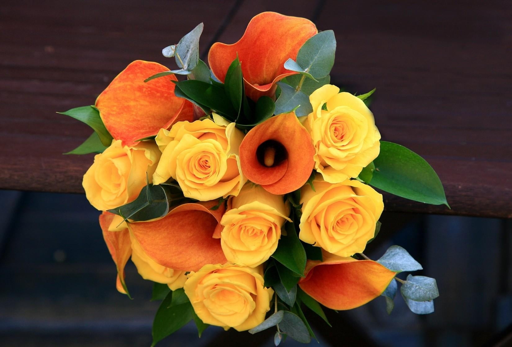 orange flowers, roses, calla lilies, leaves, beautifully, bouquet