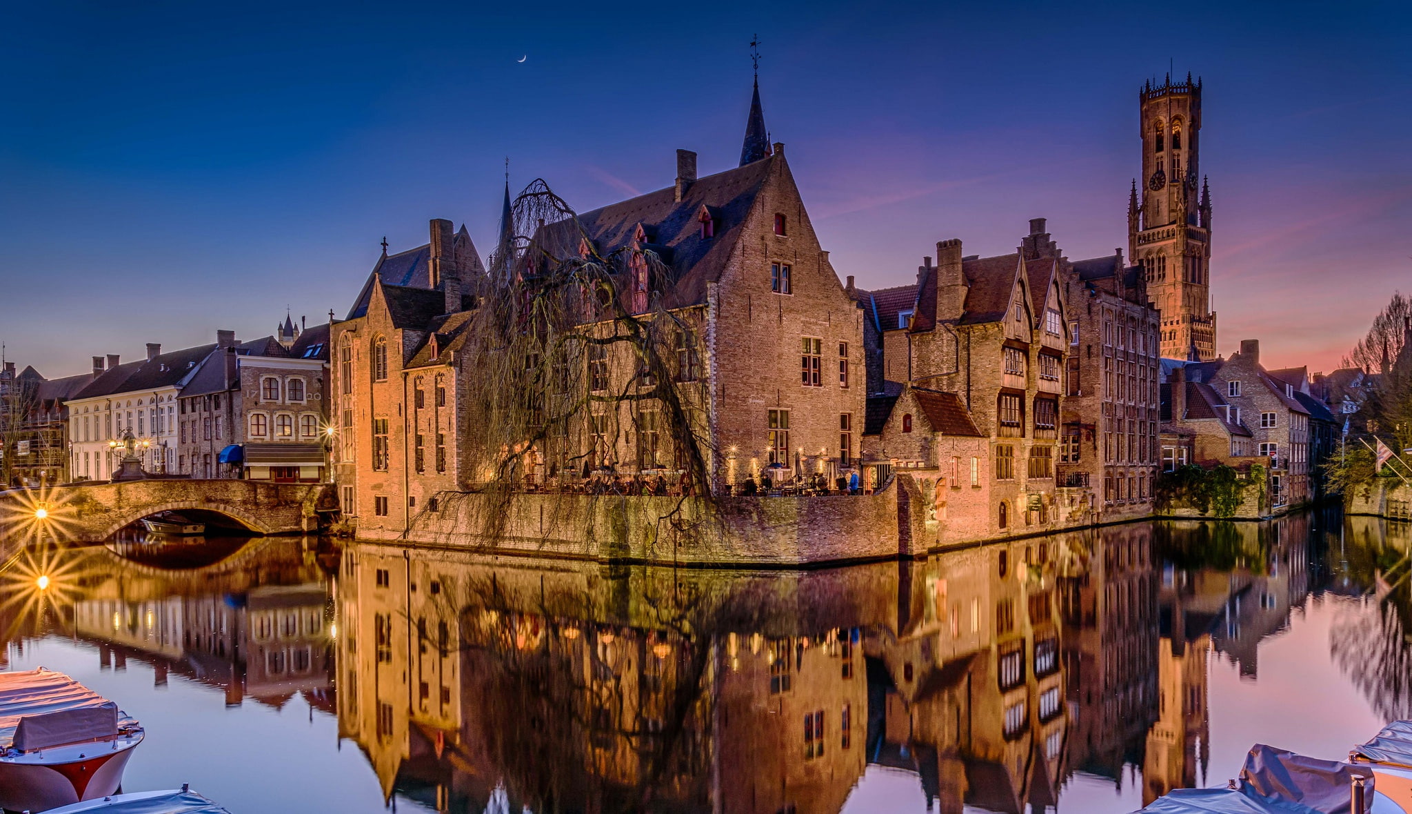 night, bridge, lights, reflection, home, channel, Belgium, Bruges