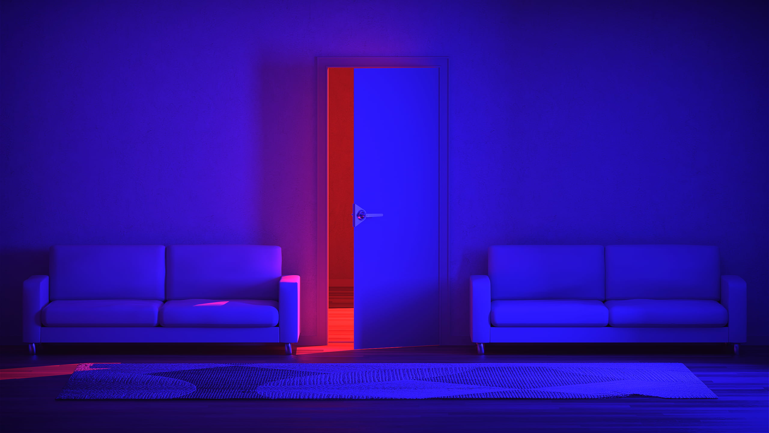 neon, neon lights, CGI, digital art, render, red, blue, door