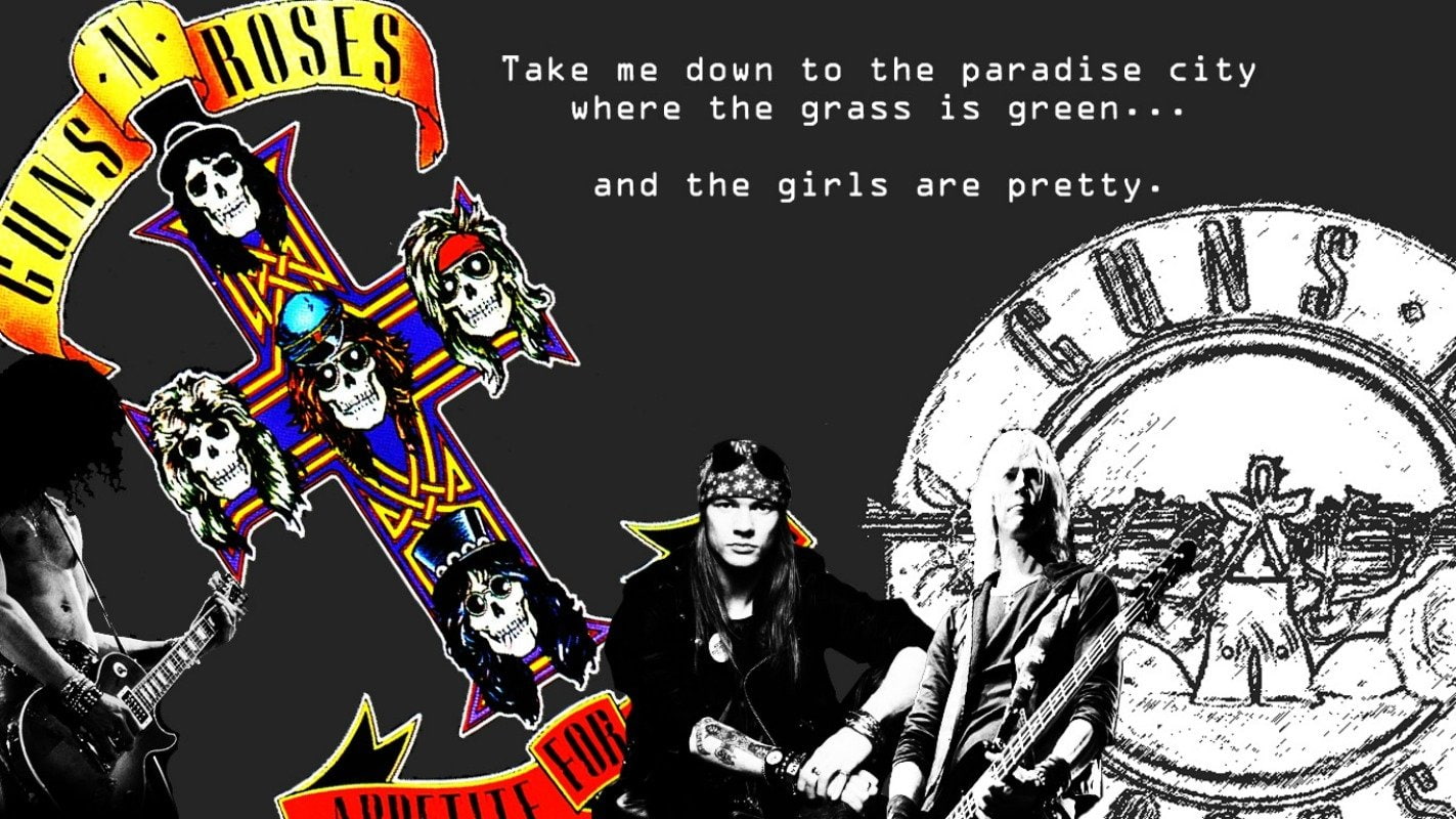 Band (Music), Guns N' Roses, text, human representation, men
