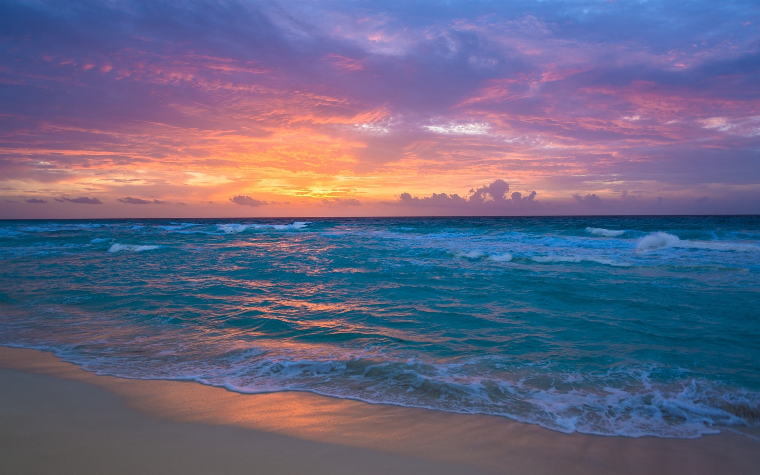 Sea, waves, beach, sunset, red sky