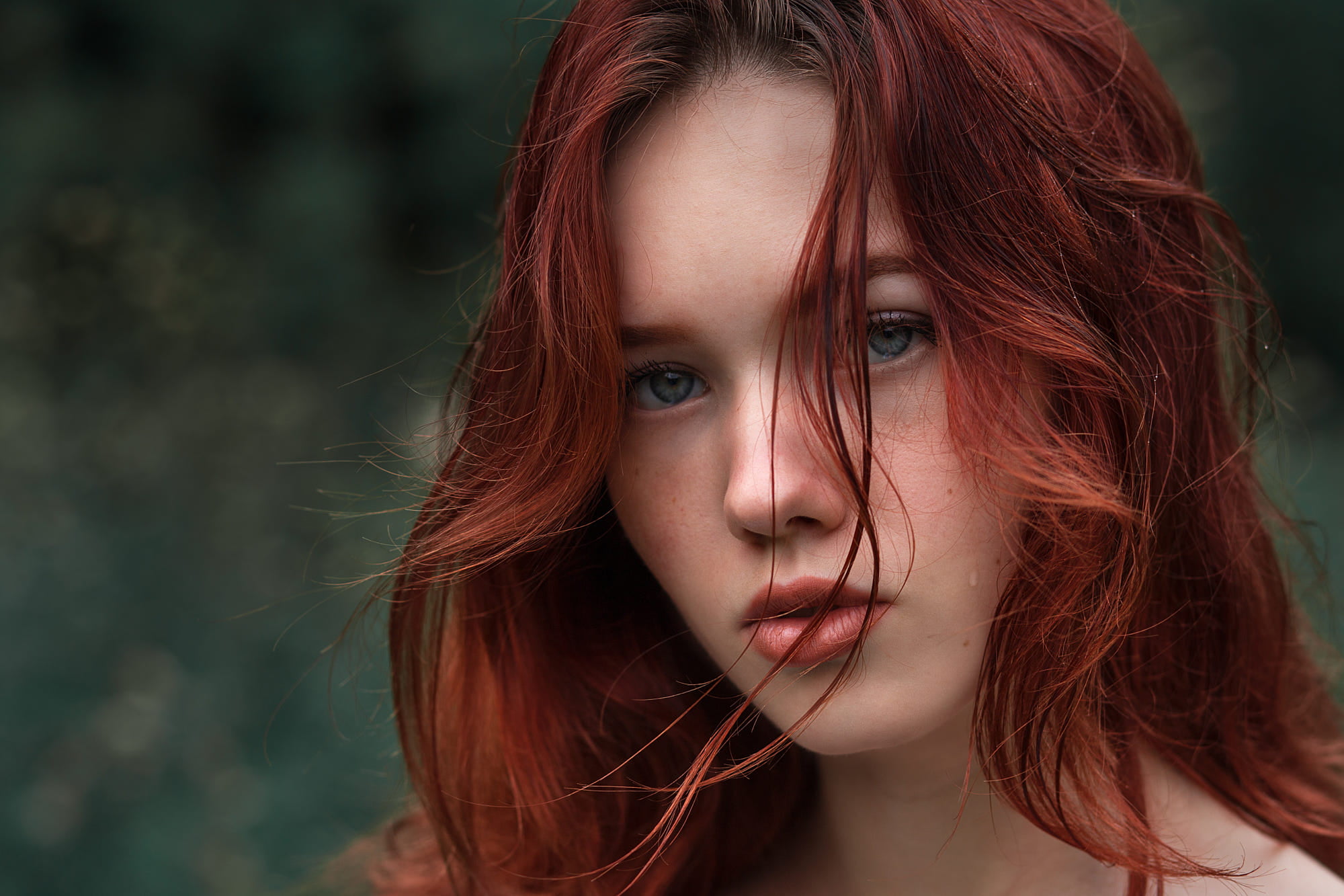 red haired woman, woman's face, women, redhead, blue eyes, hair in face