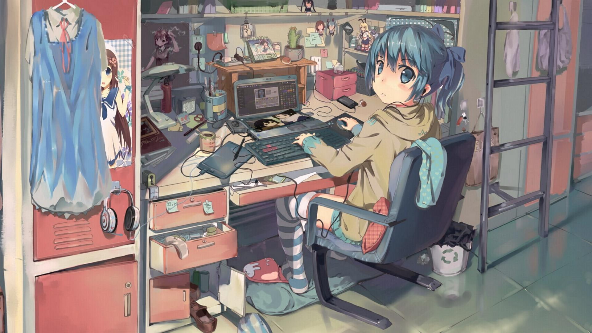 Anime Girls, Dormitory, Laptop