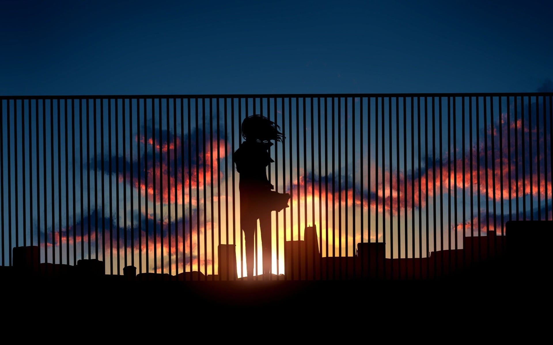 woman standing silhouette, silhouette of woman near fence, anime
