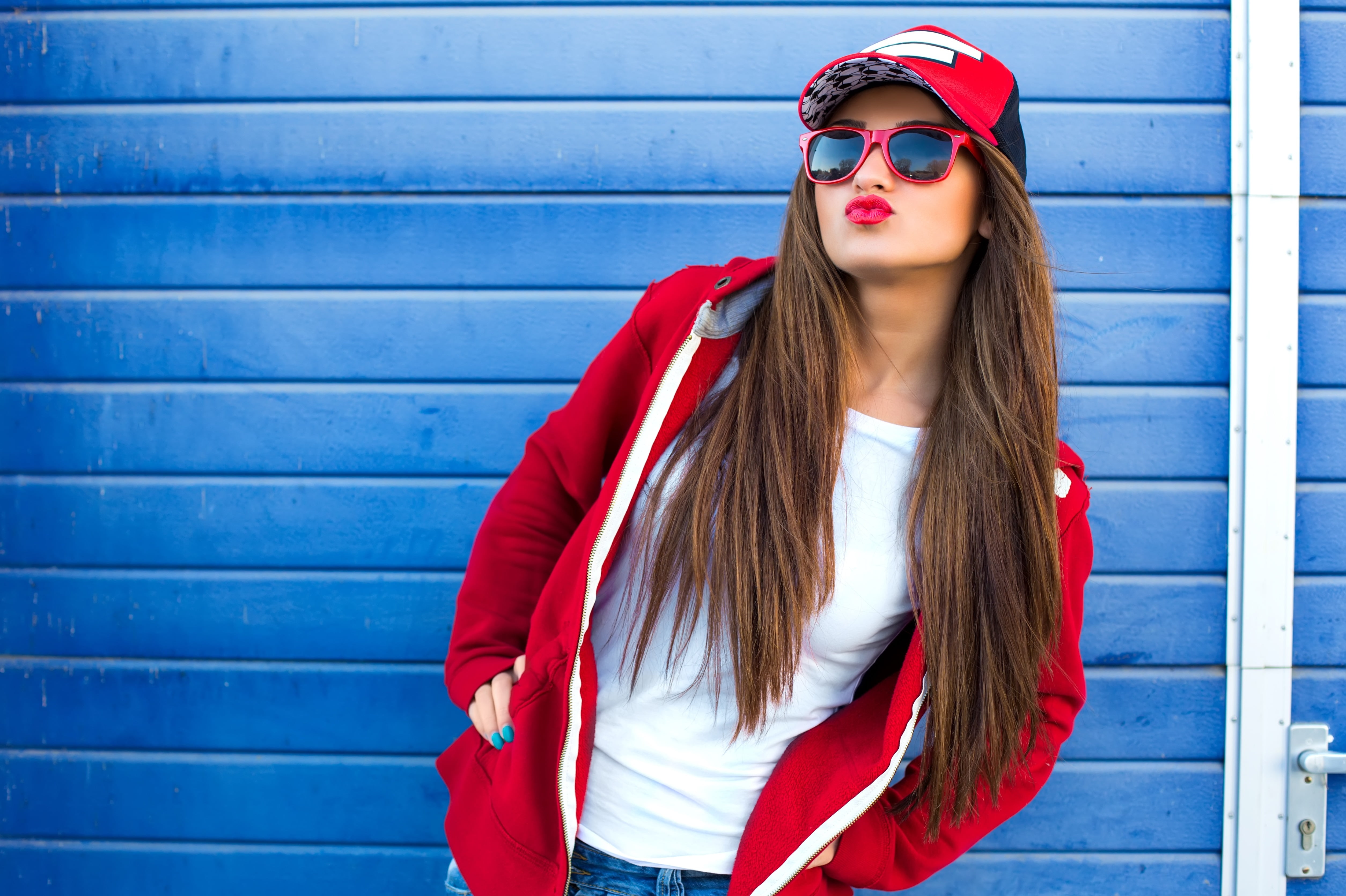 women's red full-zip jacket, girl, face, pose, lipstick, glasses
