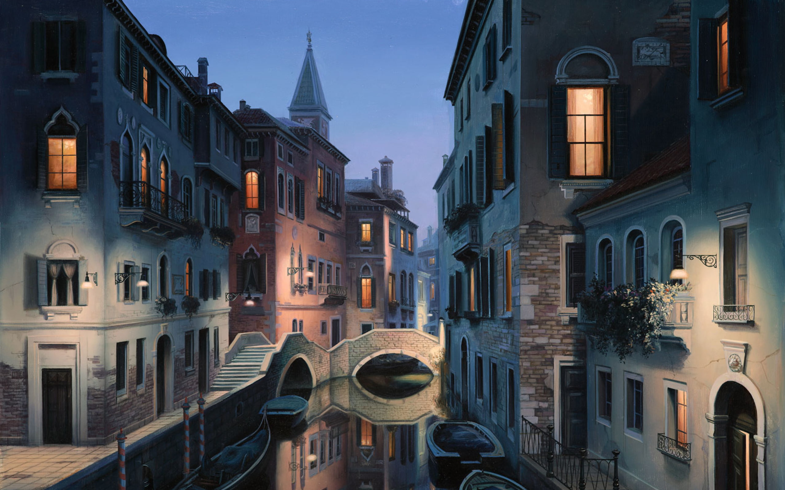 the city, Italy, Venice, channel, painting, gondola, Eugene lushpin