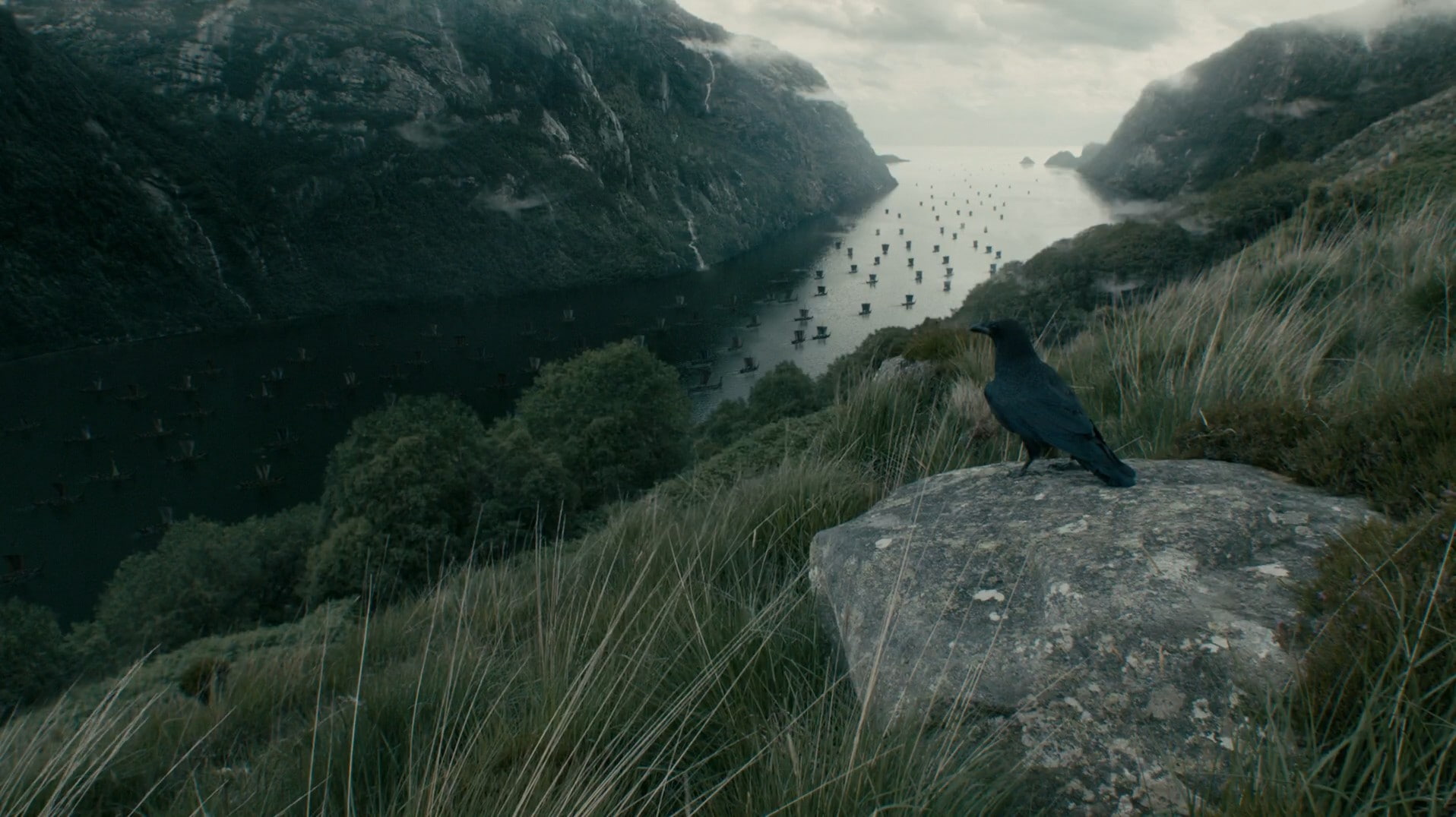 mountains, raven, Vikings (TV Series), water