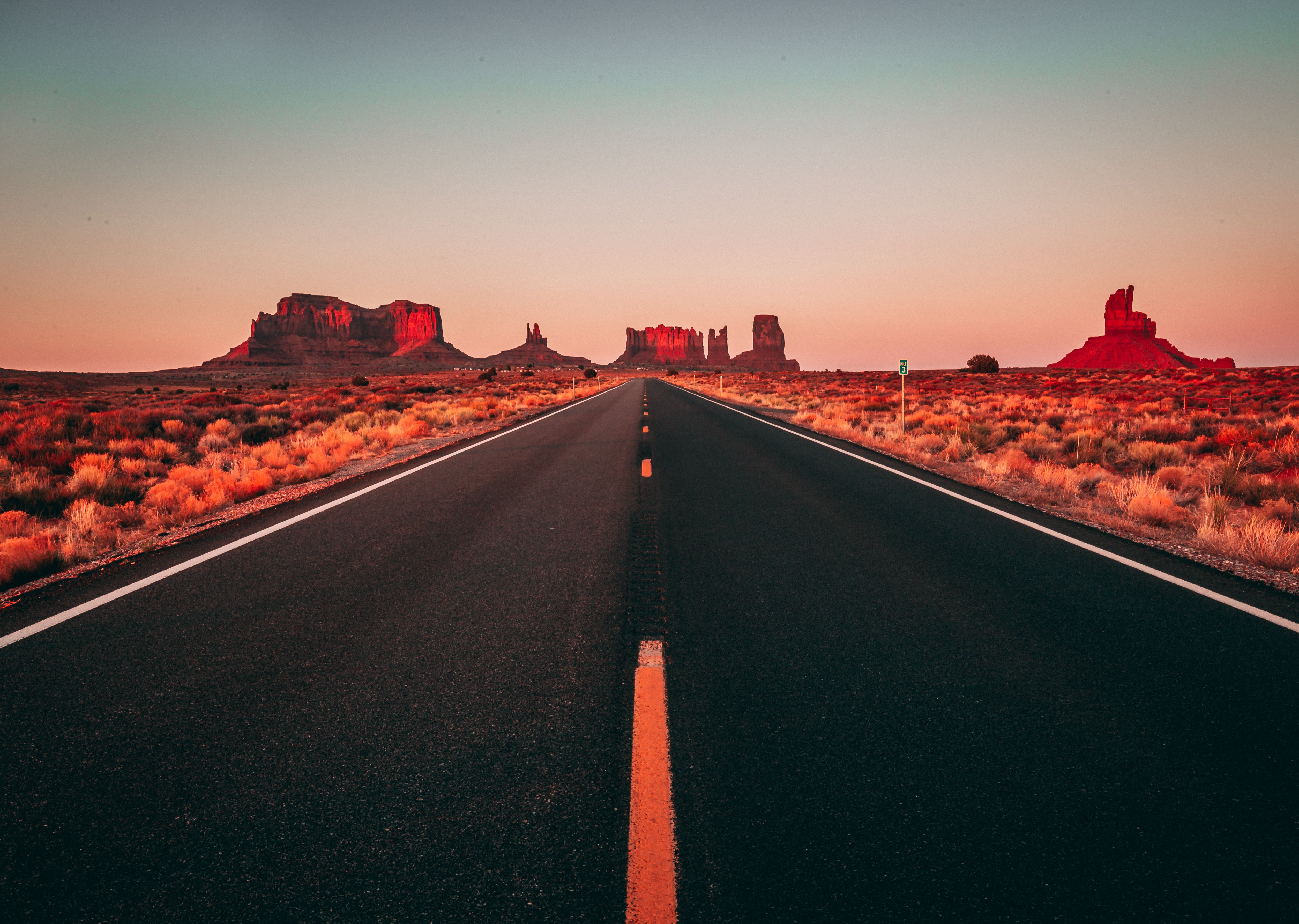 asphalt road, desert, clear sky, USA, landscape, direction, the way forward