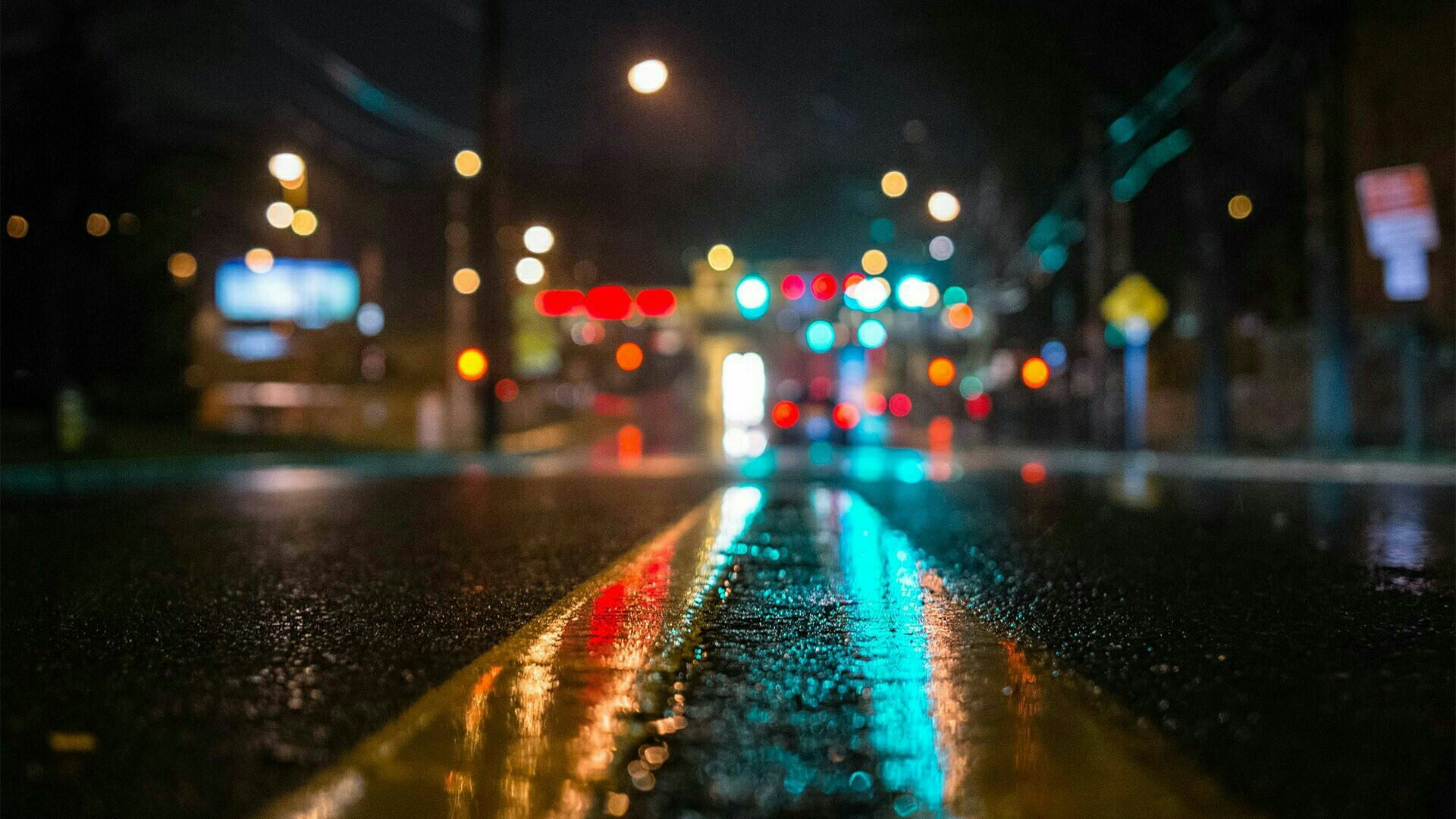 city lights, bokeh lights, blurred, blurry, asphalt, rainy day