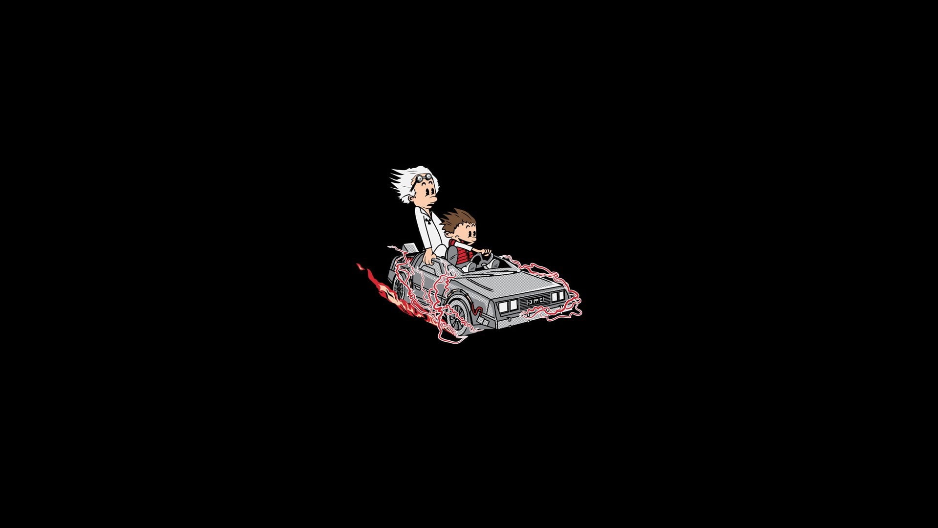 man driving a vehicle illustration, Back to the Future, Calvin and Hobbes