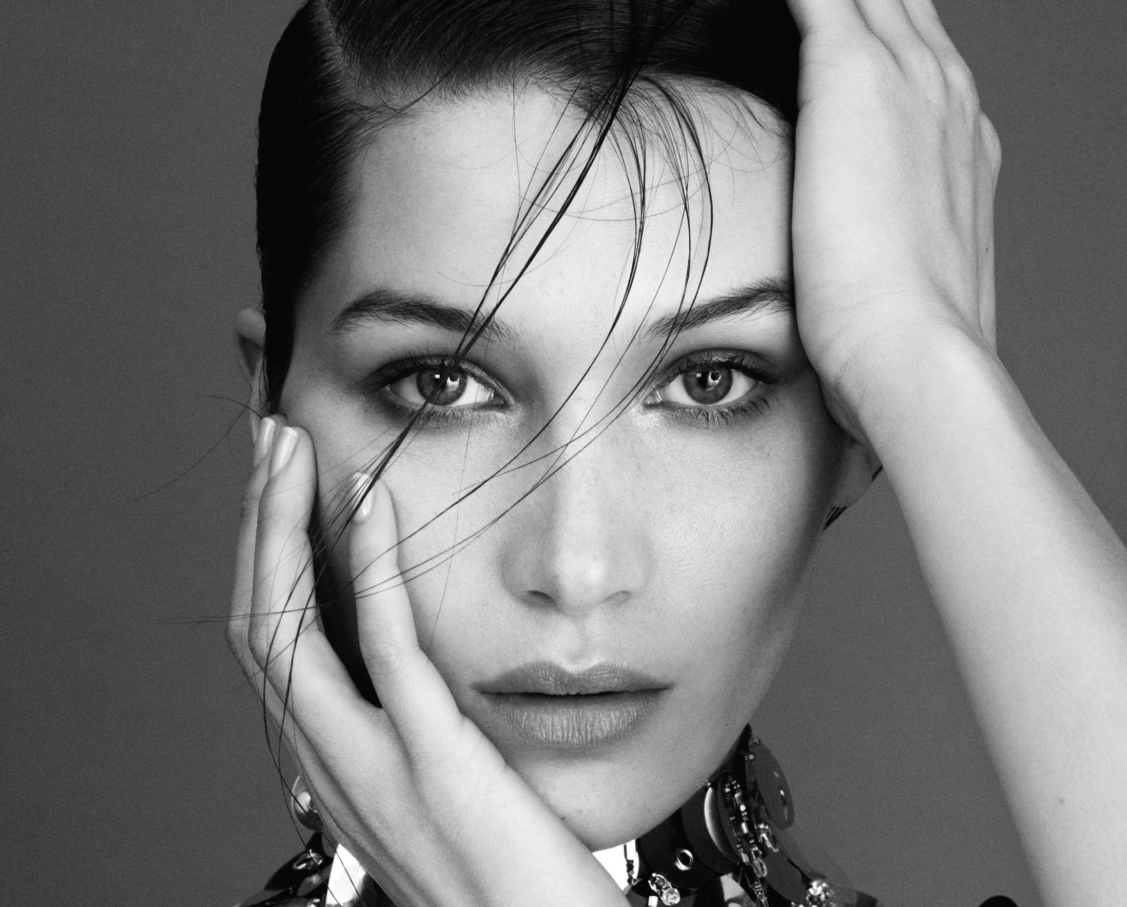 bella hadid, black and white, model, face portrait, hands, Girls