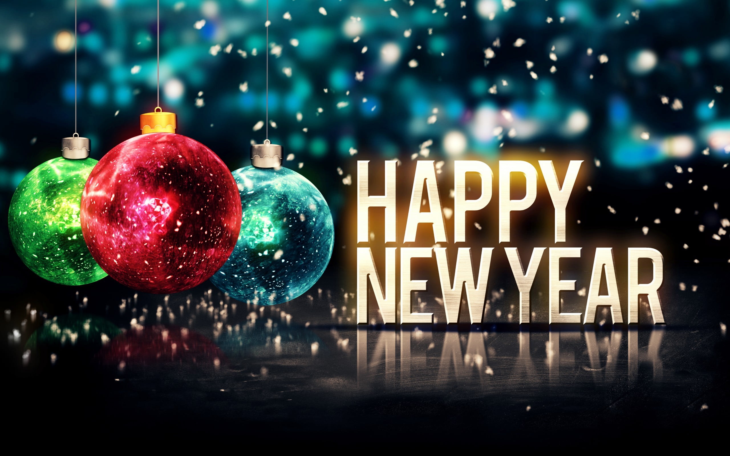 Happy New Year digital wallpaper, snow, Christmas ornaments, illuminated