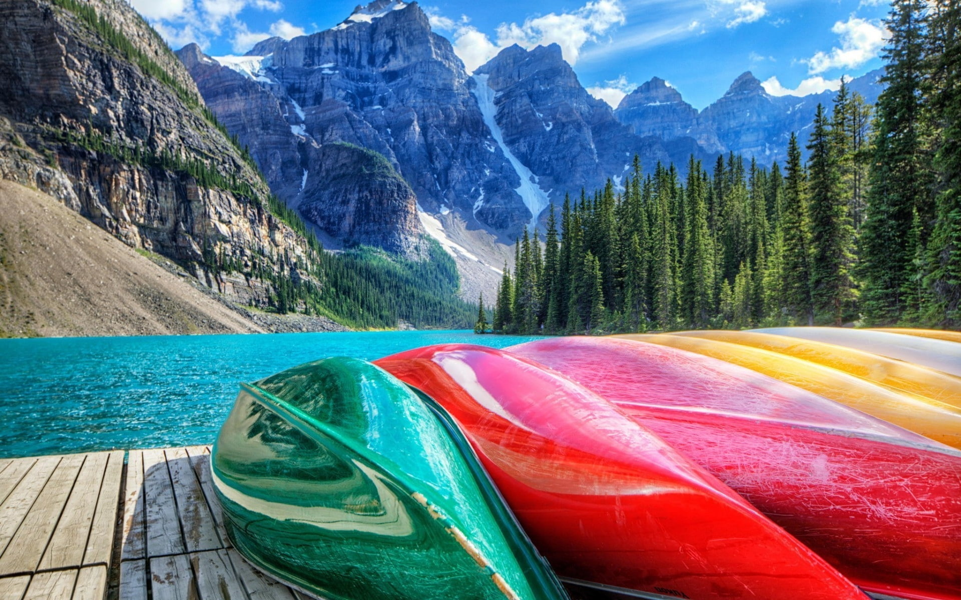 Mounatin Lake View, assorted color boats, canada, mountains, landscape