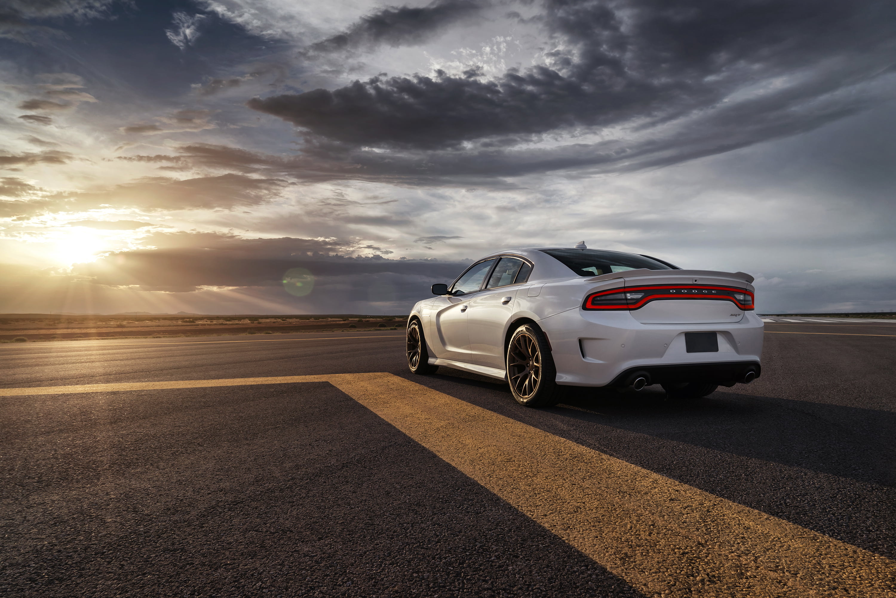 white Dodge Charger sedan, srt, hellcat, 2015, cars, road, transportation