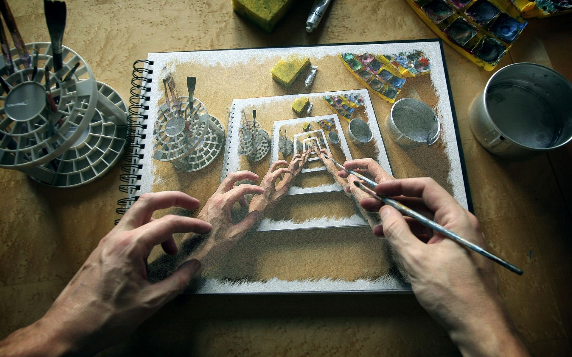 grey paint brush, painting, hands, recursion, human hand, art and craft