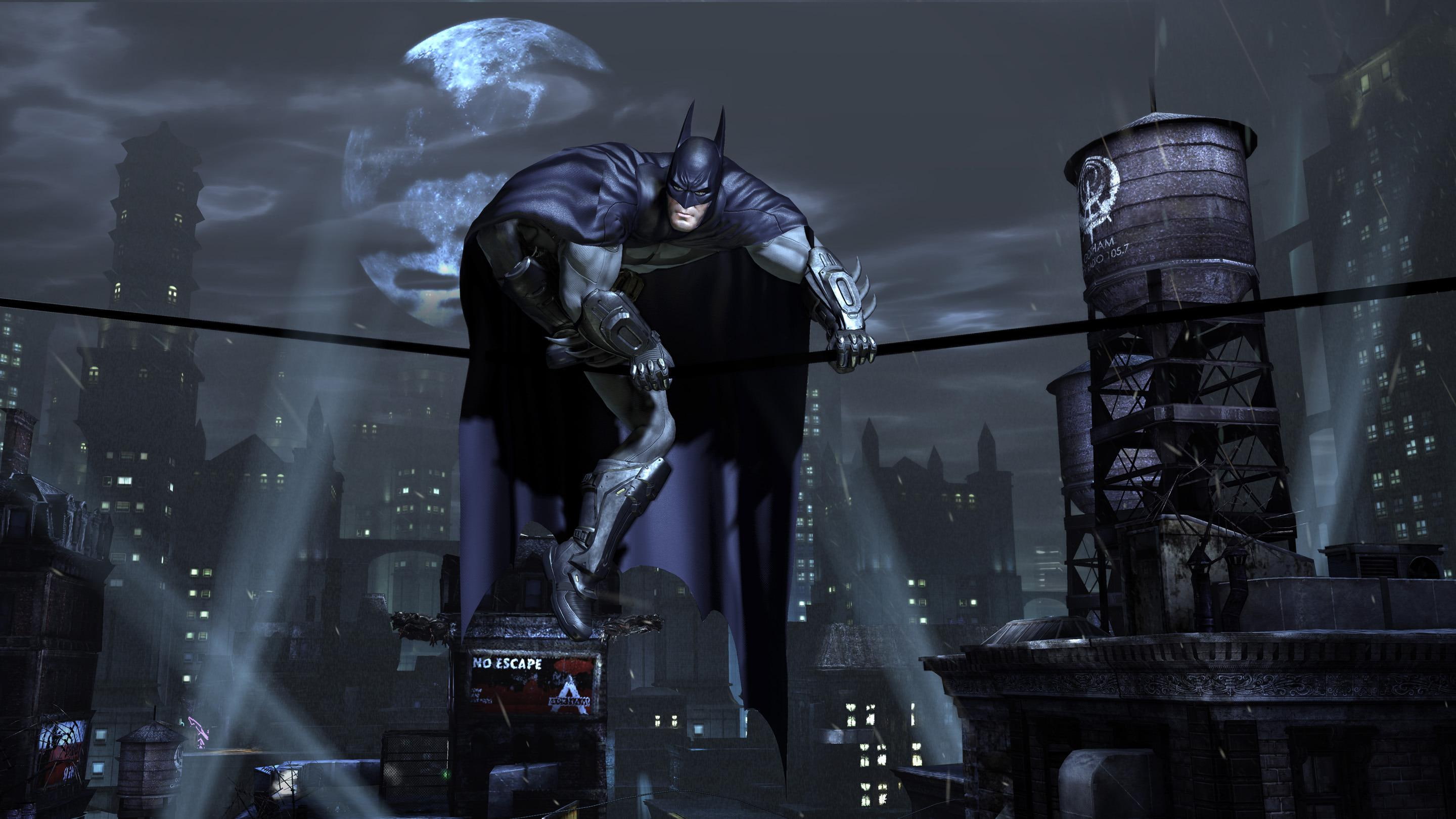 batman superhero cape mask city gotham city night lights the moon